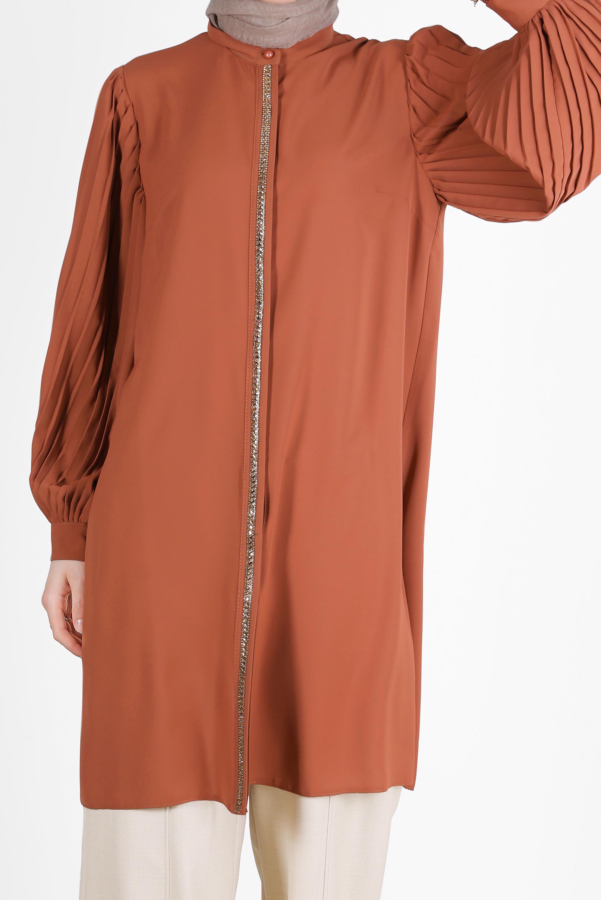 Tesettür giyim TURUNCU PARLAK ŞERİT DETAYLI KOLLARI PİLELİ TUNİK 42521
