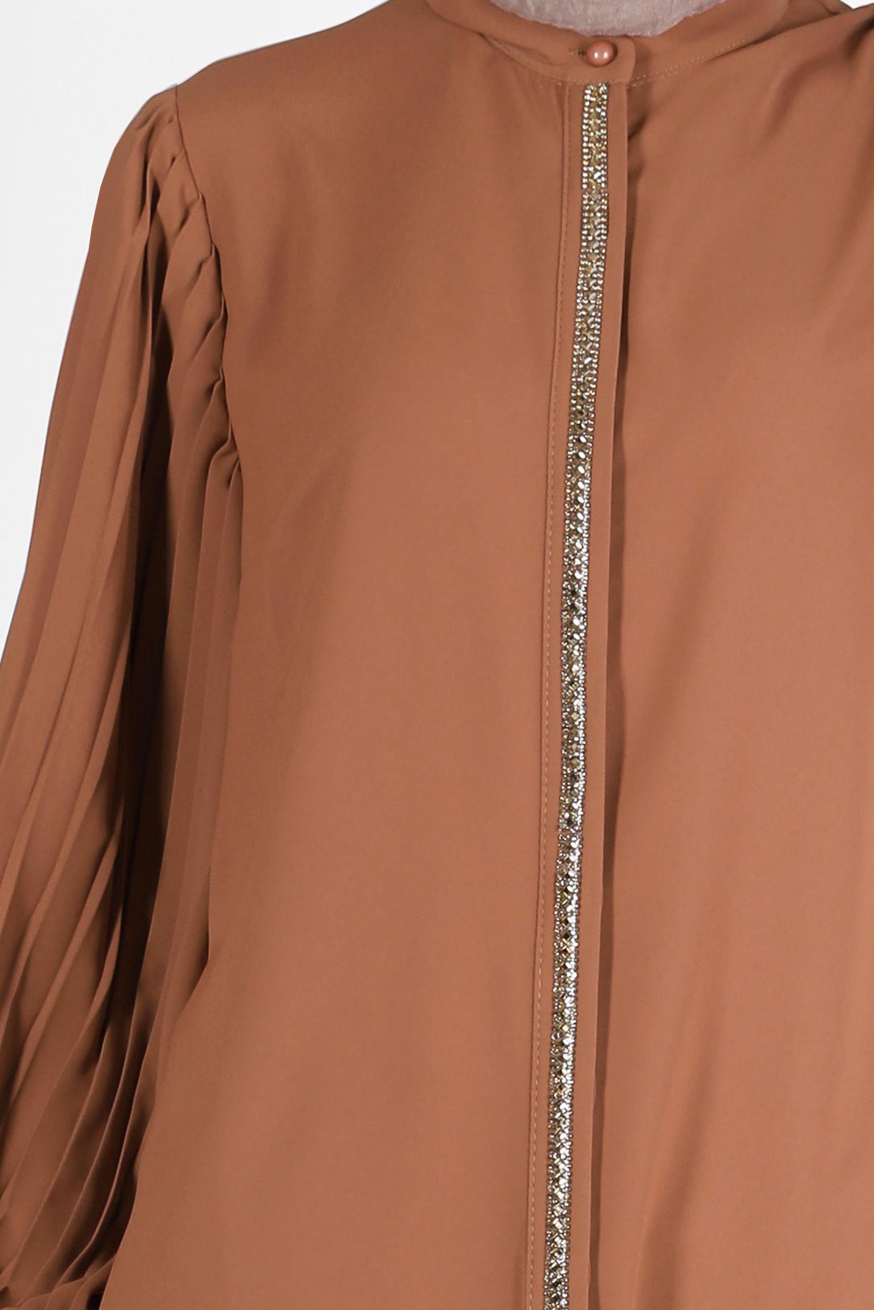 Tesettür giyim KAHVE PARLAK ŞERİT DETAYLI KOLLARI PİLELİ TUNİK 42521