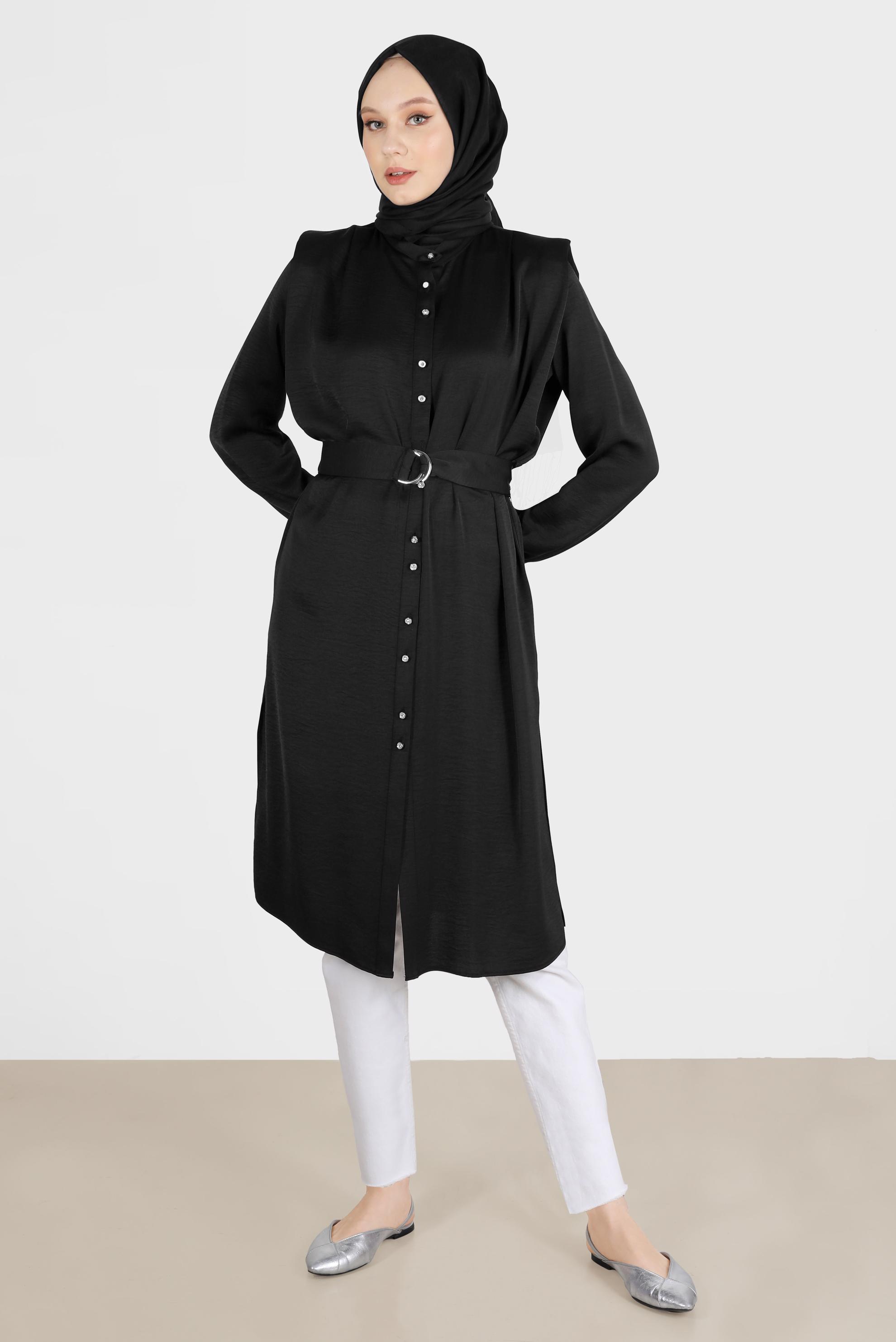 Tesettür giyim SİYAH VATKALI SATEN TUNİK 42523	