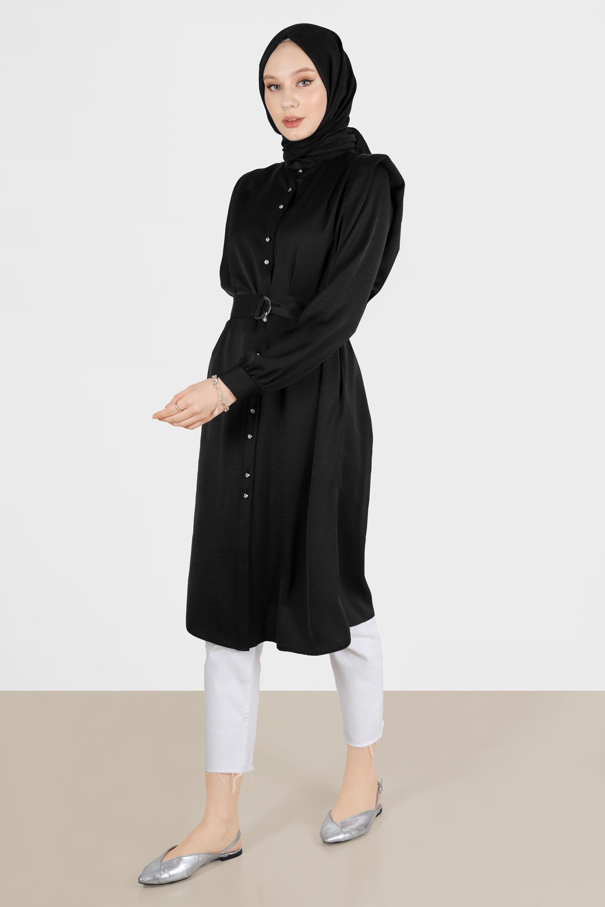 Tesettür giyim SİYAH VATKALI SATEN TUNİK 42523	