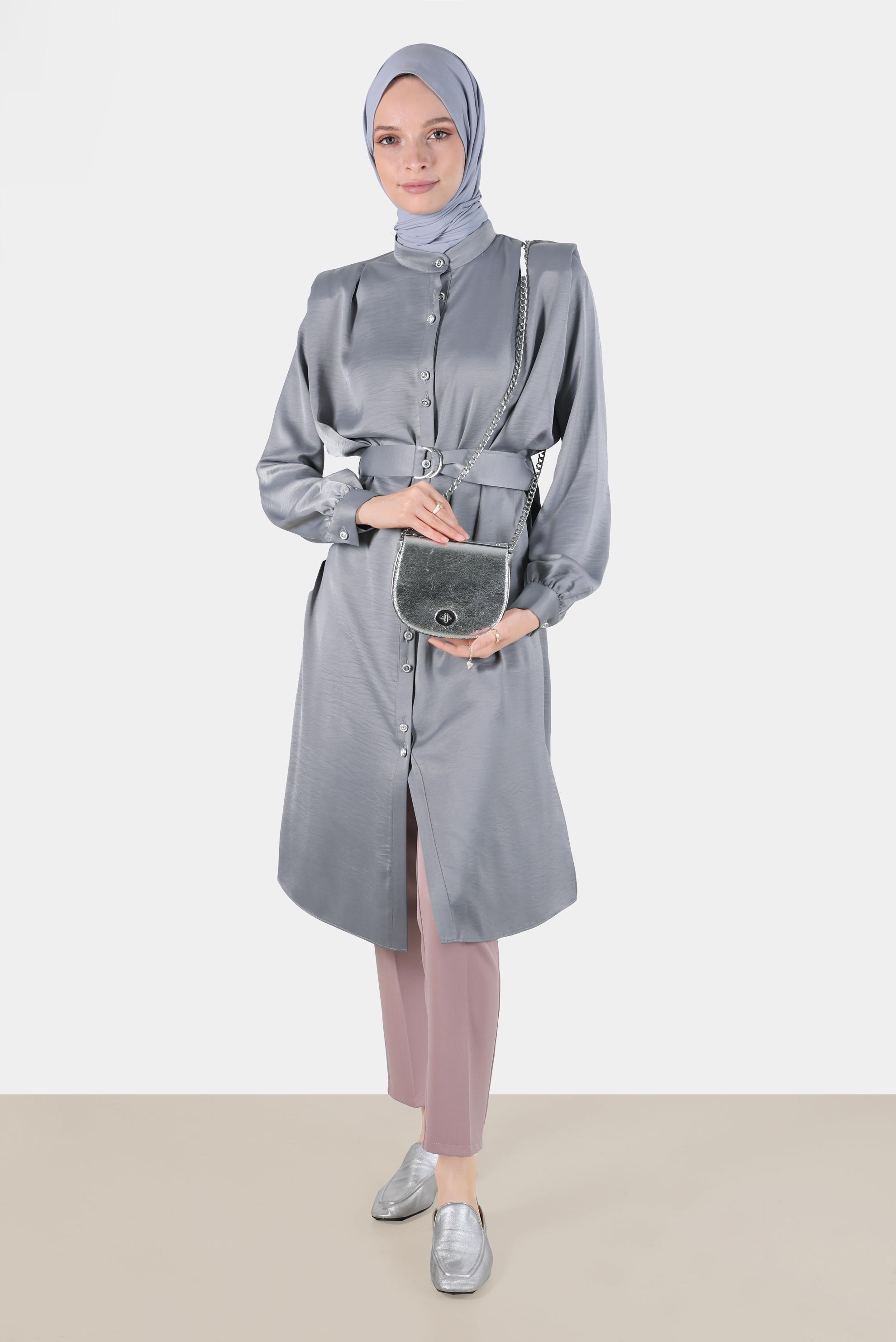 Tesettür giyim GRİ VATKALI SATEN TUNİK 42523	