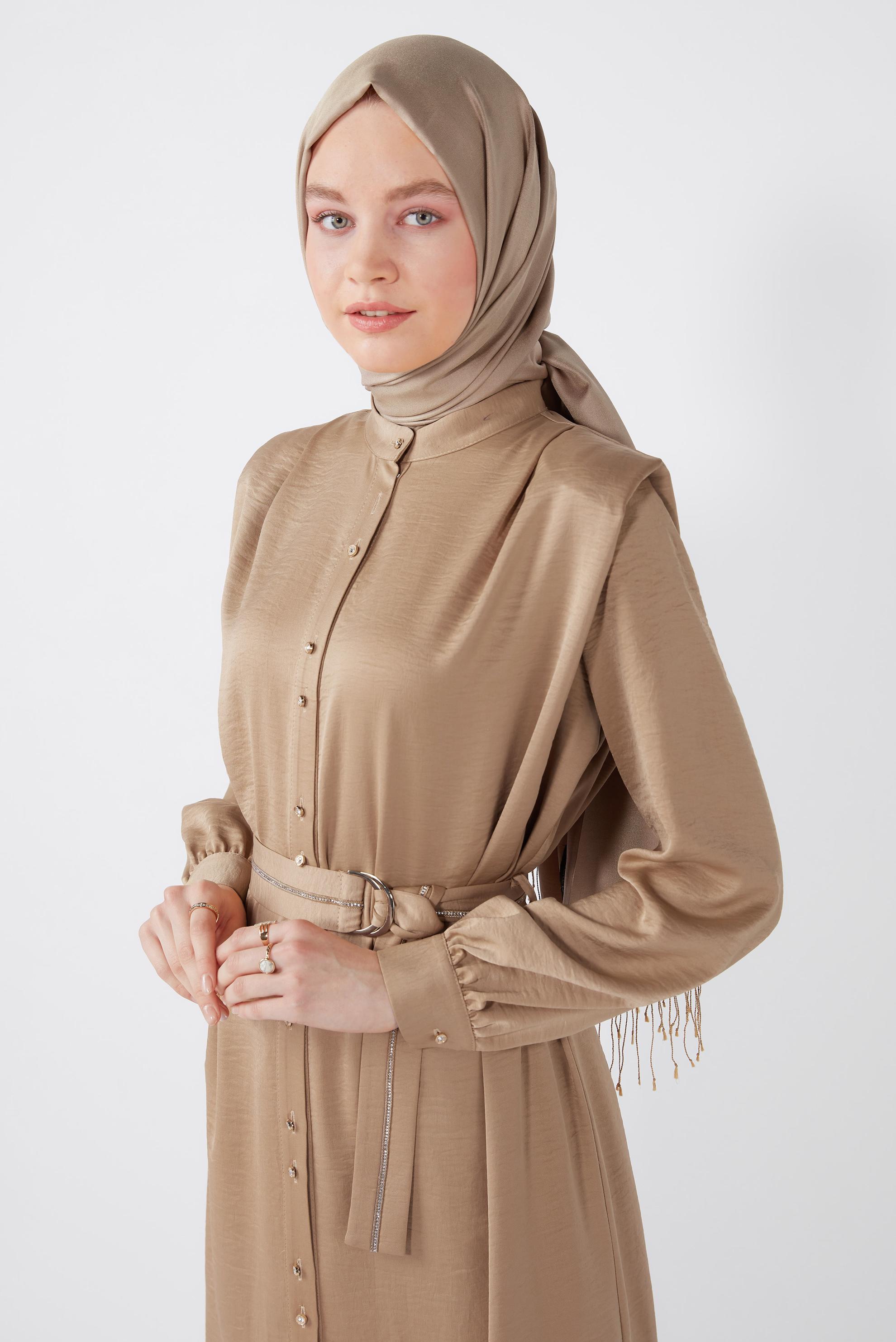 Tesettür giyim KAHVE VATKALI SATEN TUNİK 42523	
