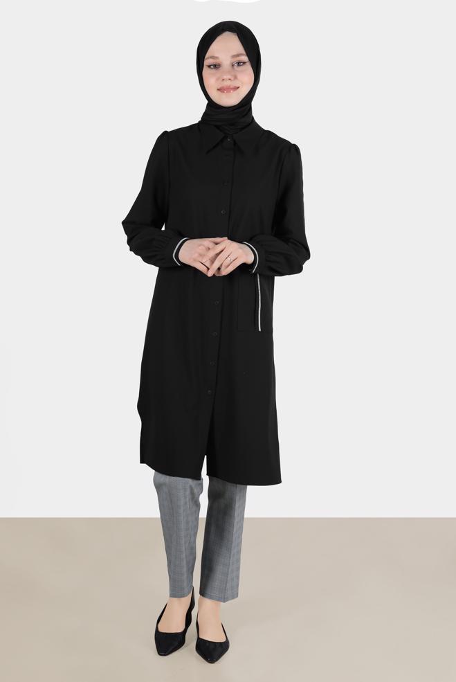 Tesettür giyim  TAŞ DETAYLI BOYDAN DÜĞMELİ TUNİK 42528  - ALVİNA