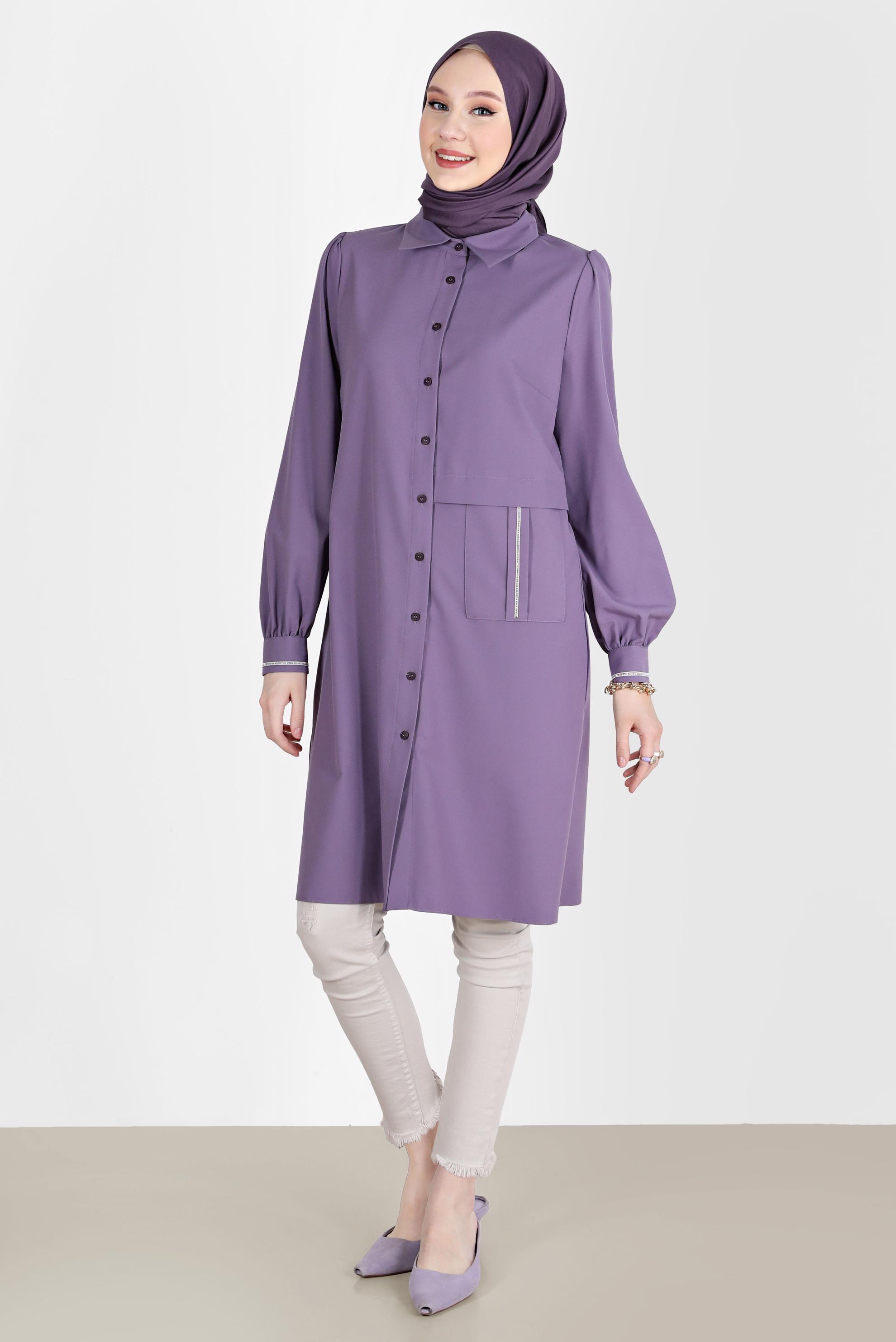 Tesettür giyim MOR TAŞ DETAYLI BOYDAN DÜĞMELİ TUNİK 42528 