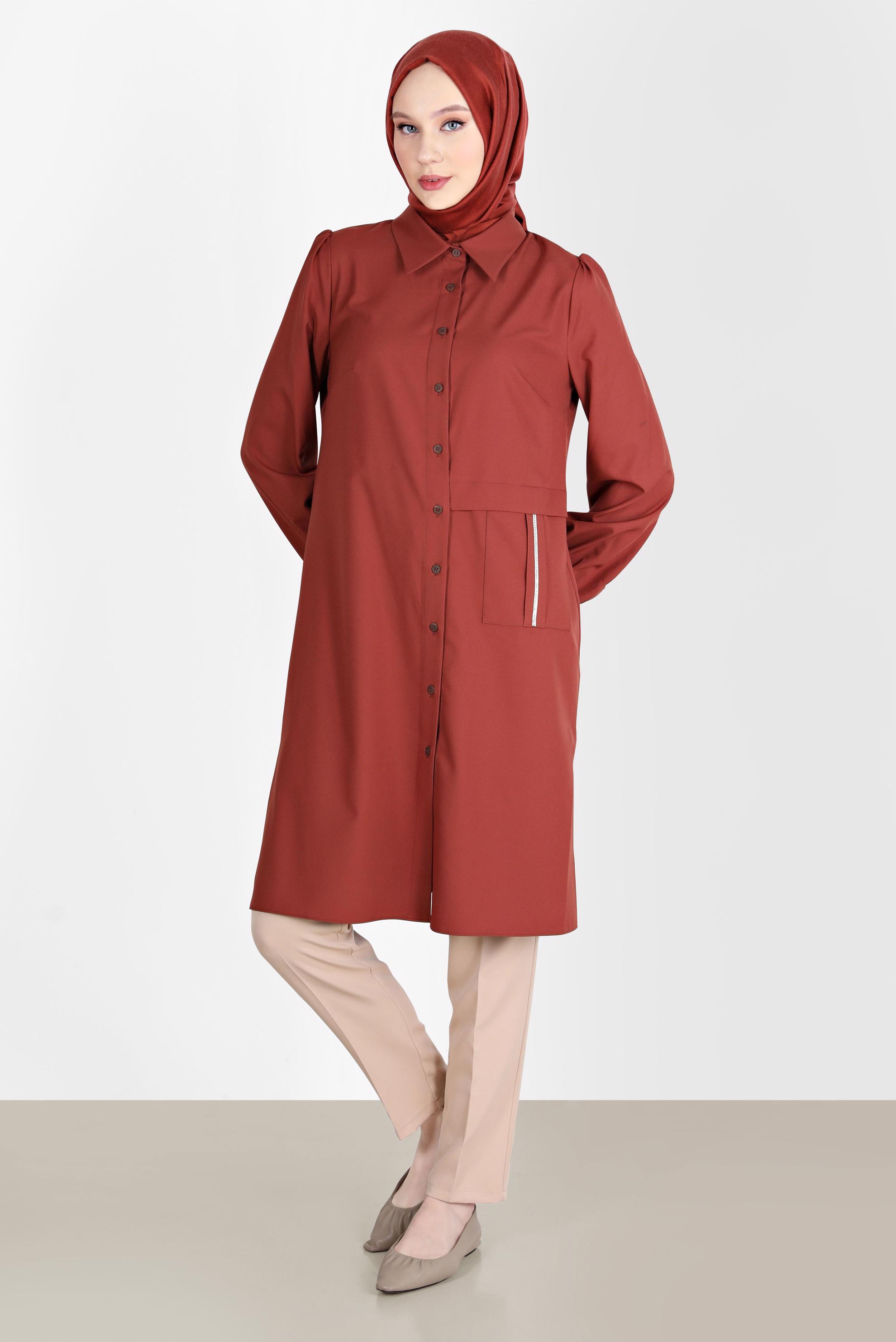 Tesettür giyim TURUNCU TAŞ DETAYLI BOYDAN DÜĞMELİ TUNİK 42528 