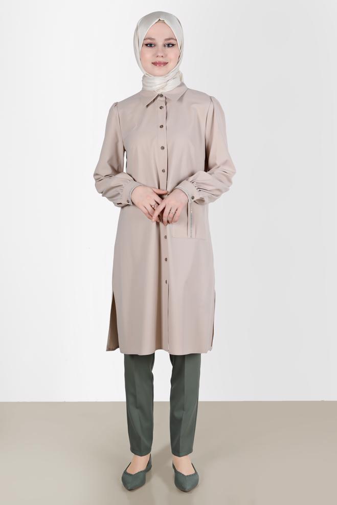 Tesettür giyim  TAŞ DETAYLI BOYDAN DÜĞMELİ TUNİK 42528  - ALVİNA