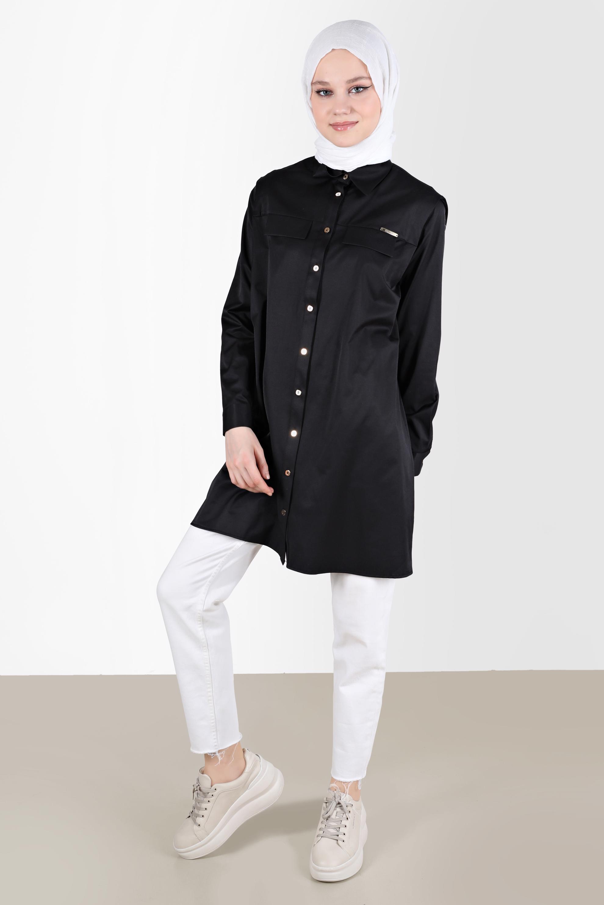Tesettür giyim SİYAH CEP GÖRÜNÜMLÜ DÜĞMELİ TUNİK 42535 