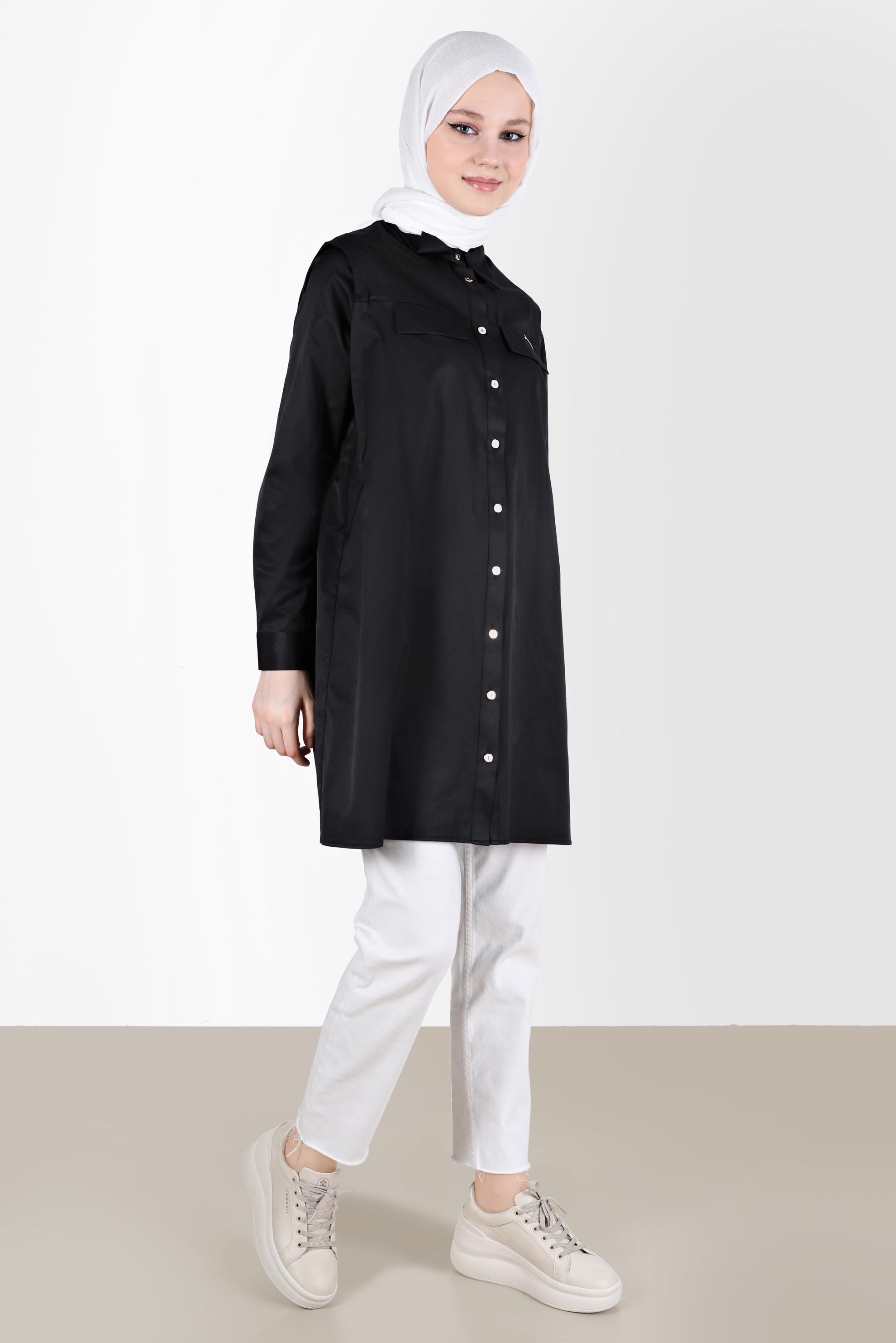 Tesettür giyim SİYAH CEP GÖRÜNÜMLÜ DÜĞMELİ TUNİK 42535 