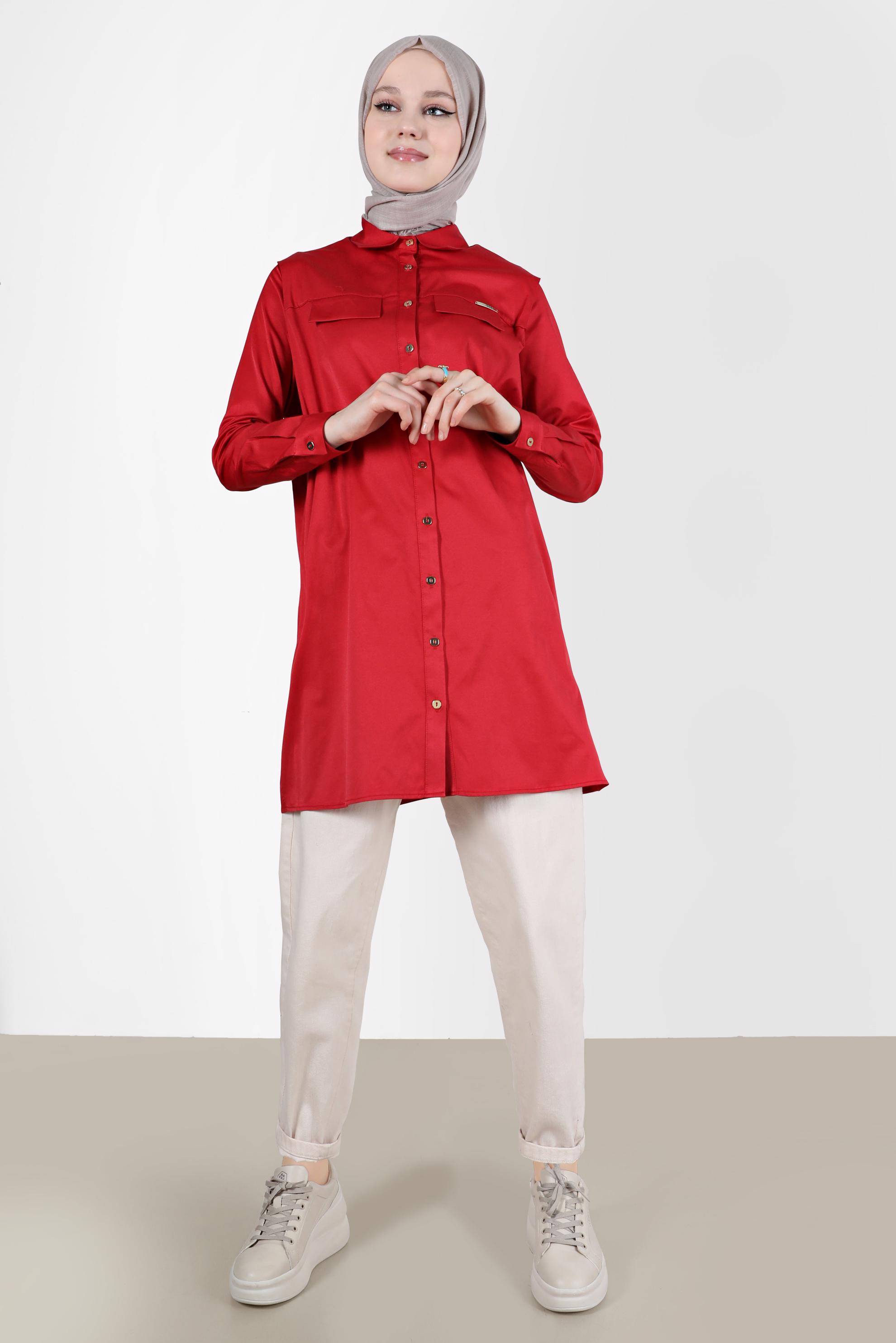 Tesettür giyim BORDO CEP GÖRÜNÜMLÜ DÜĞMELİ TUNİK 42535 