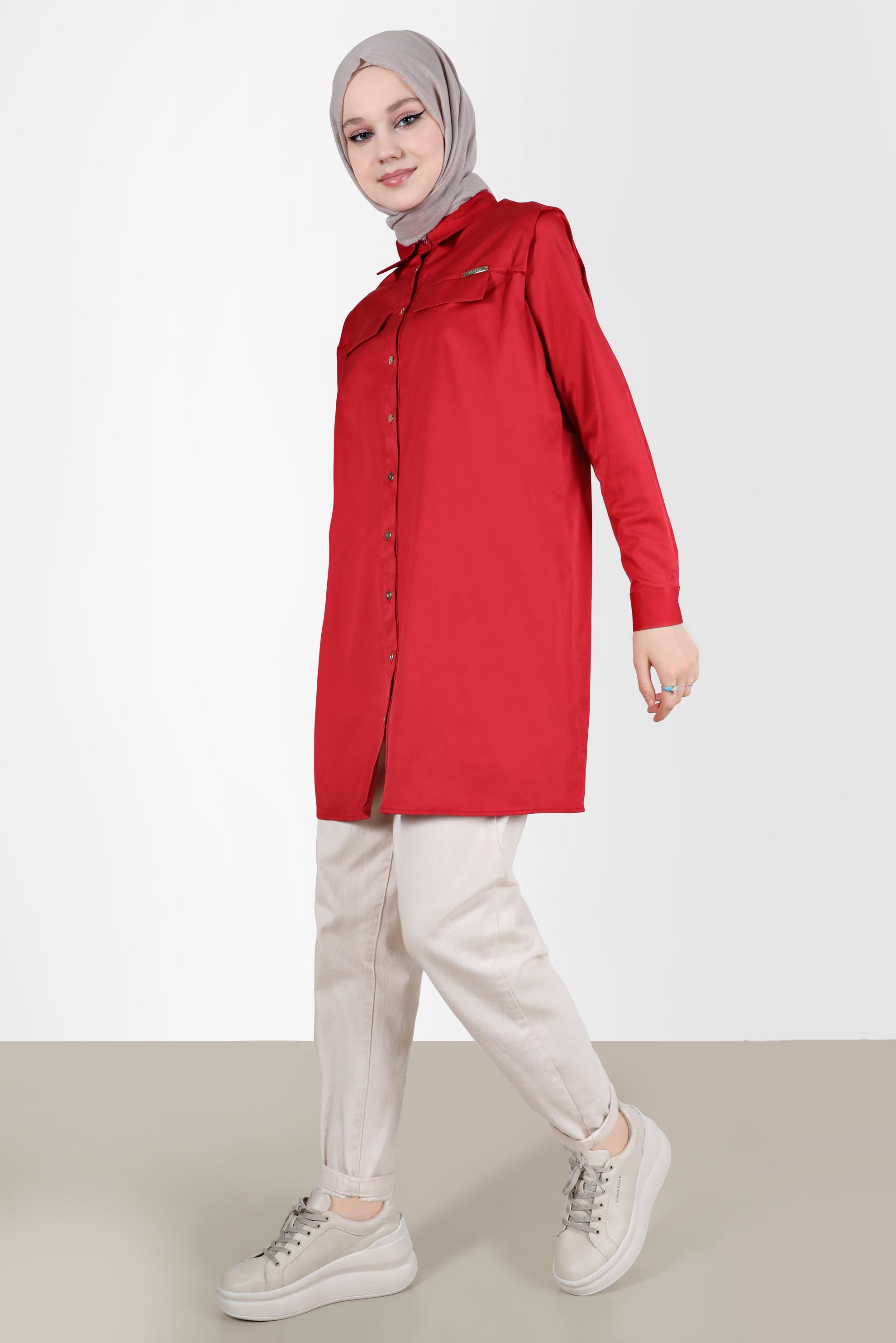 Tesettür giyim BORDO CEP GÖRÜNÜMLÜ DÜĞMELİ TUNİK 42535 