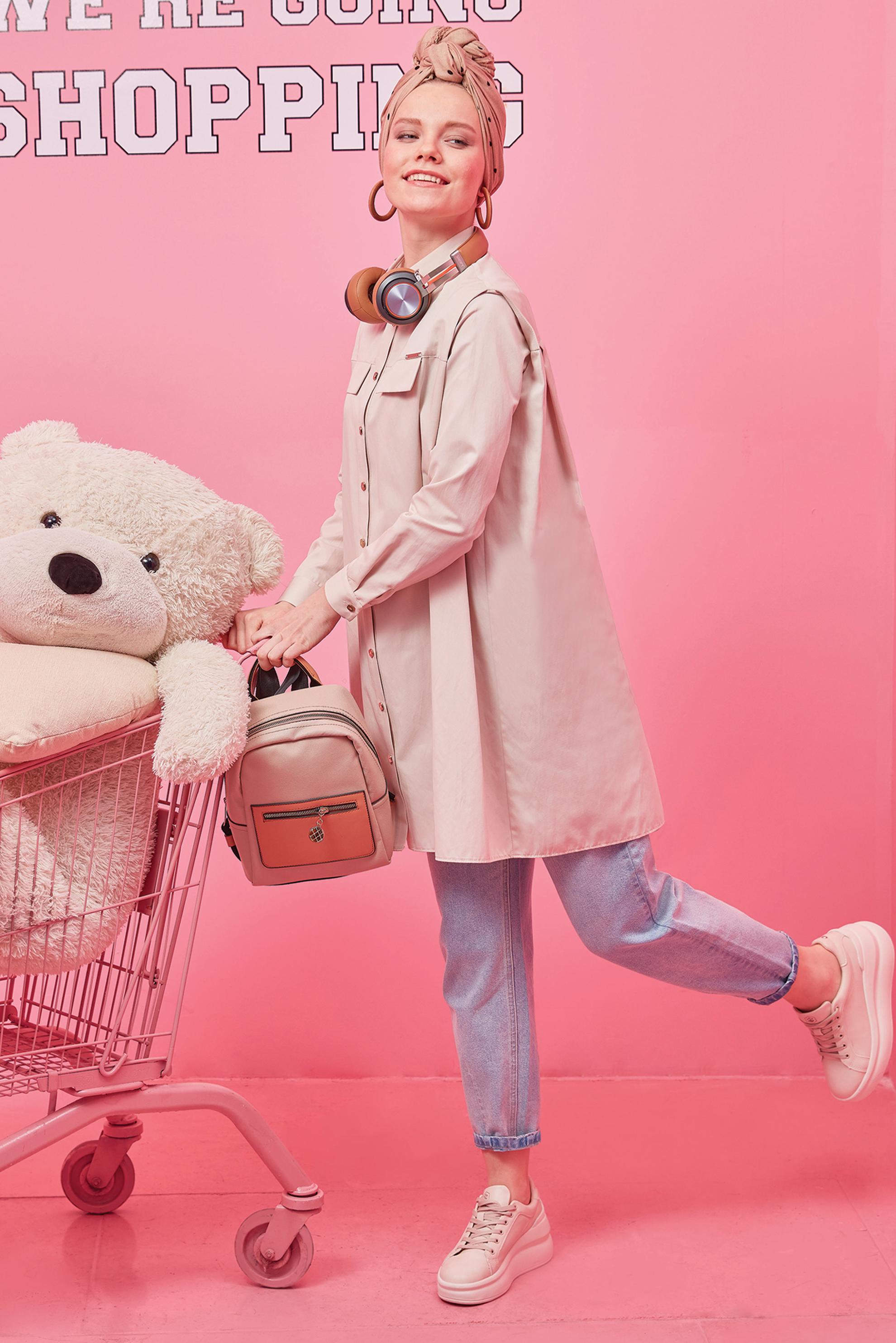 Tesettür giyim BEJ CEP GÖRÜNÜMLÜ DÜĞMELİ TUNİK 42535 