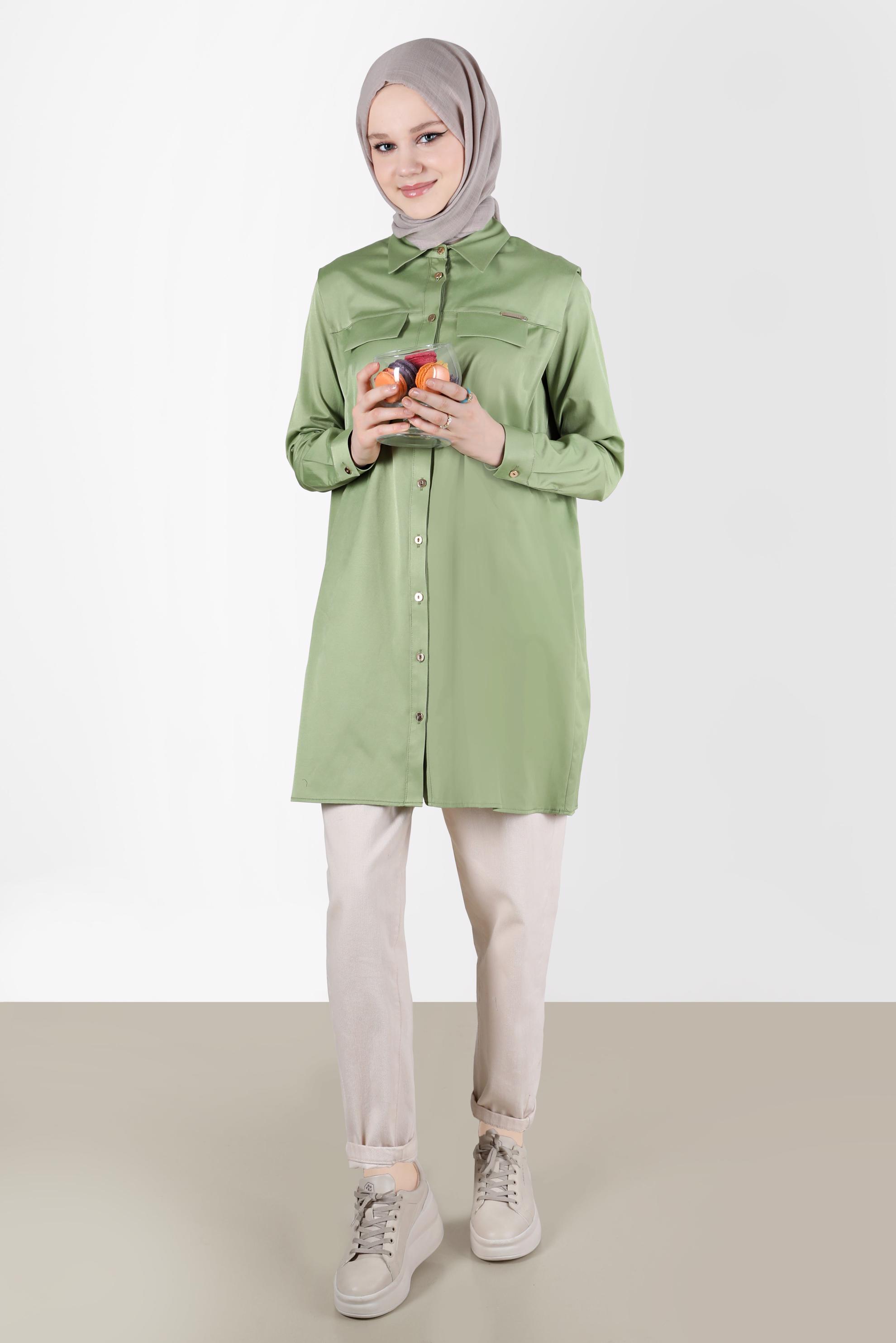 Tesettür giyim YEŞİL CEP GÖRÜNÜMLÜ DÜĞMELİ TUNİK 42535 