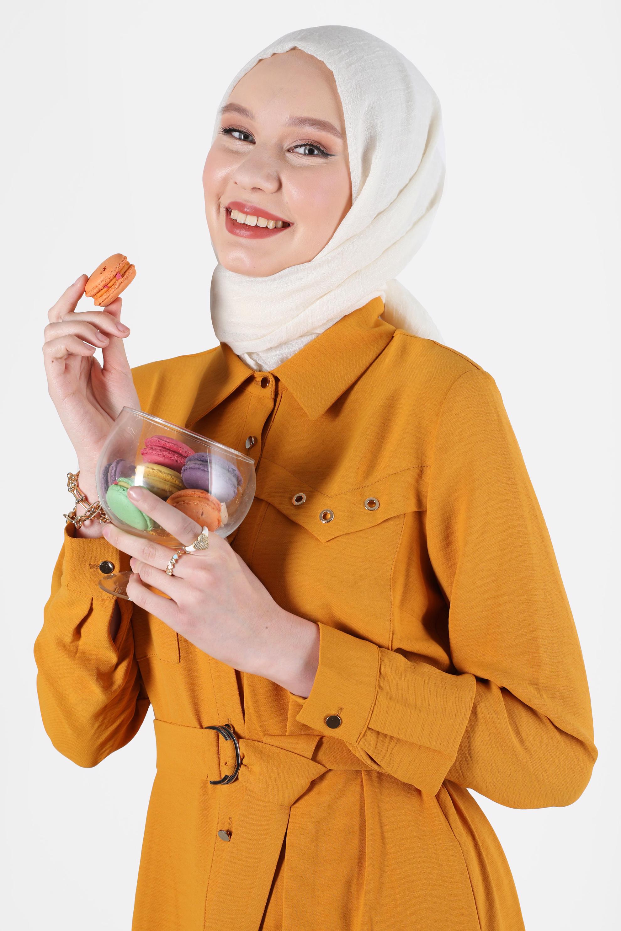 Tesettür giyim SARI BOYDAN DÜĞMELİ KUŞAKLI TUNİK 42536