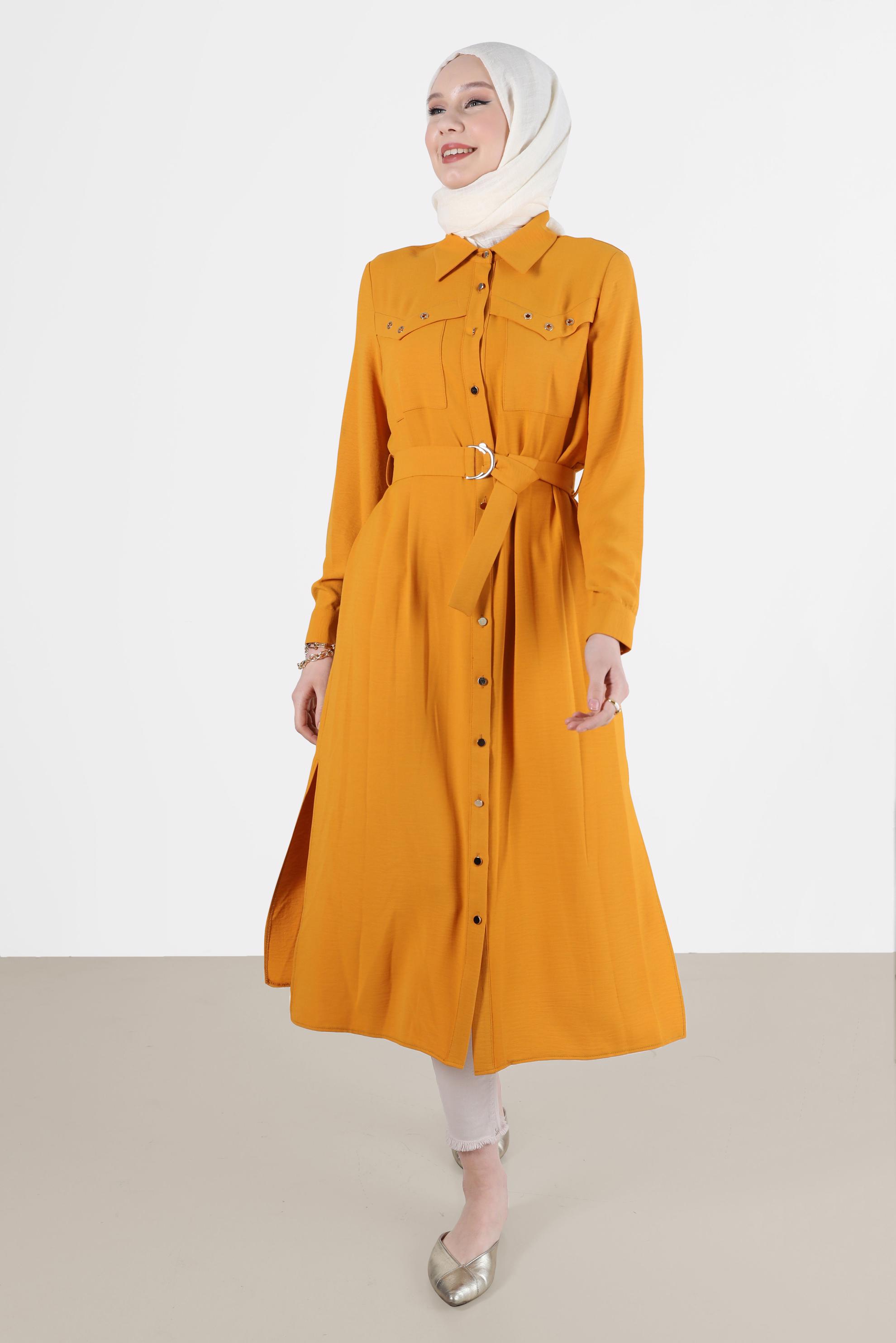 Tesettür giyim SARI BOYDAN DÜĞMELİ KUŞAKLI TUNİK 42536