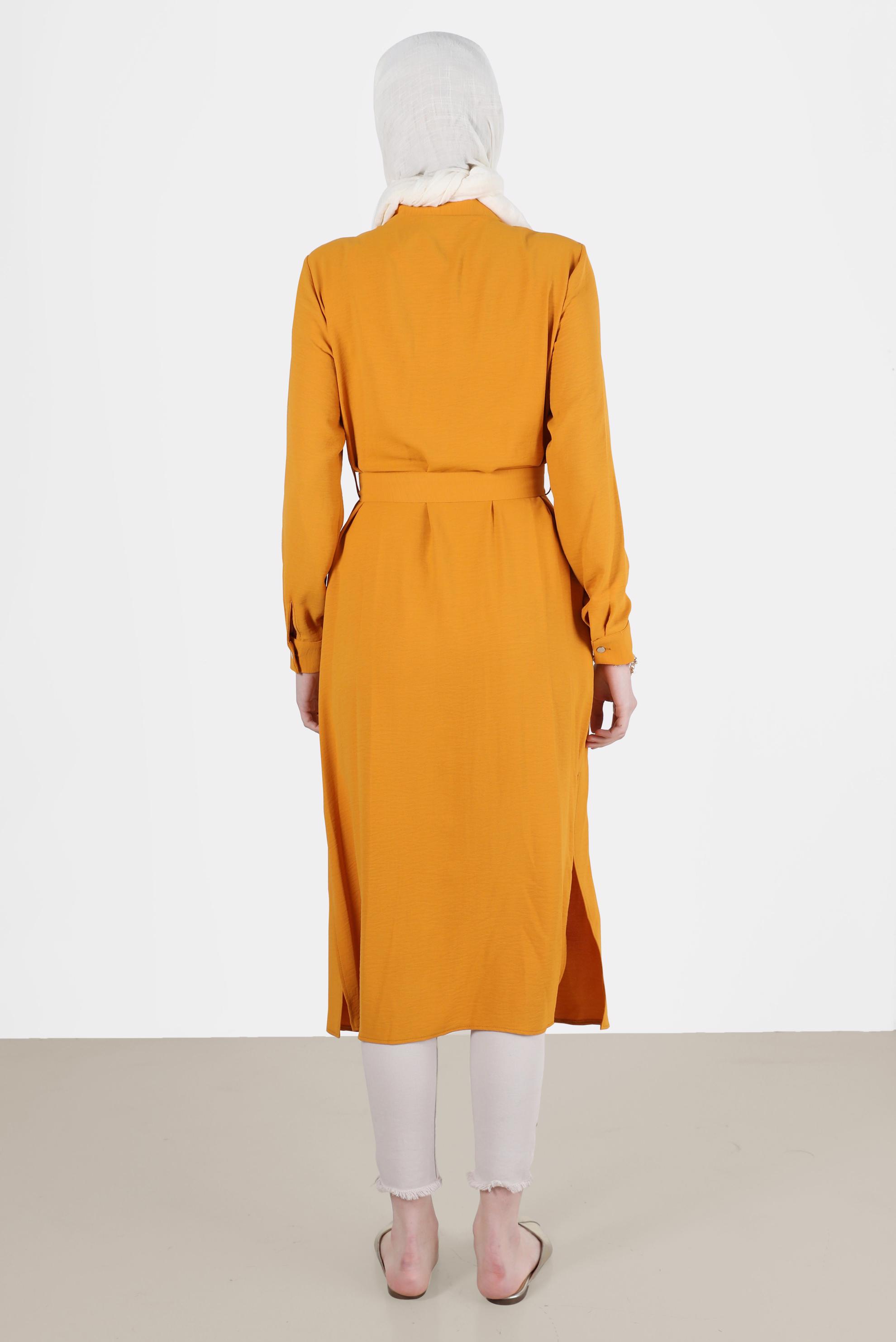 Tesettür giyim SARI BOYDAN DÜĞMELİ KUŞAKLI TUNİK 42536