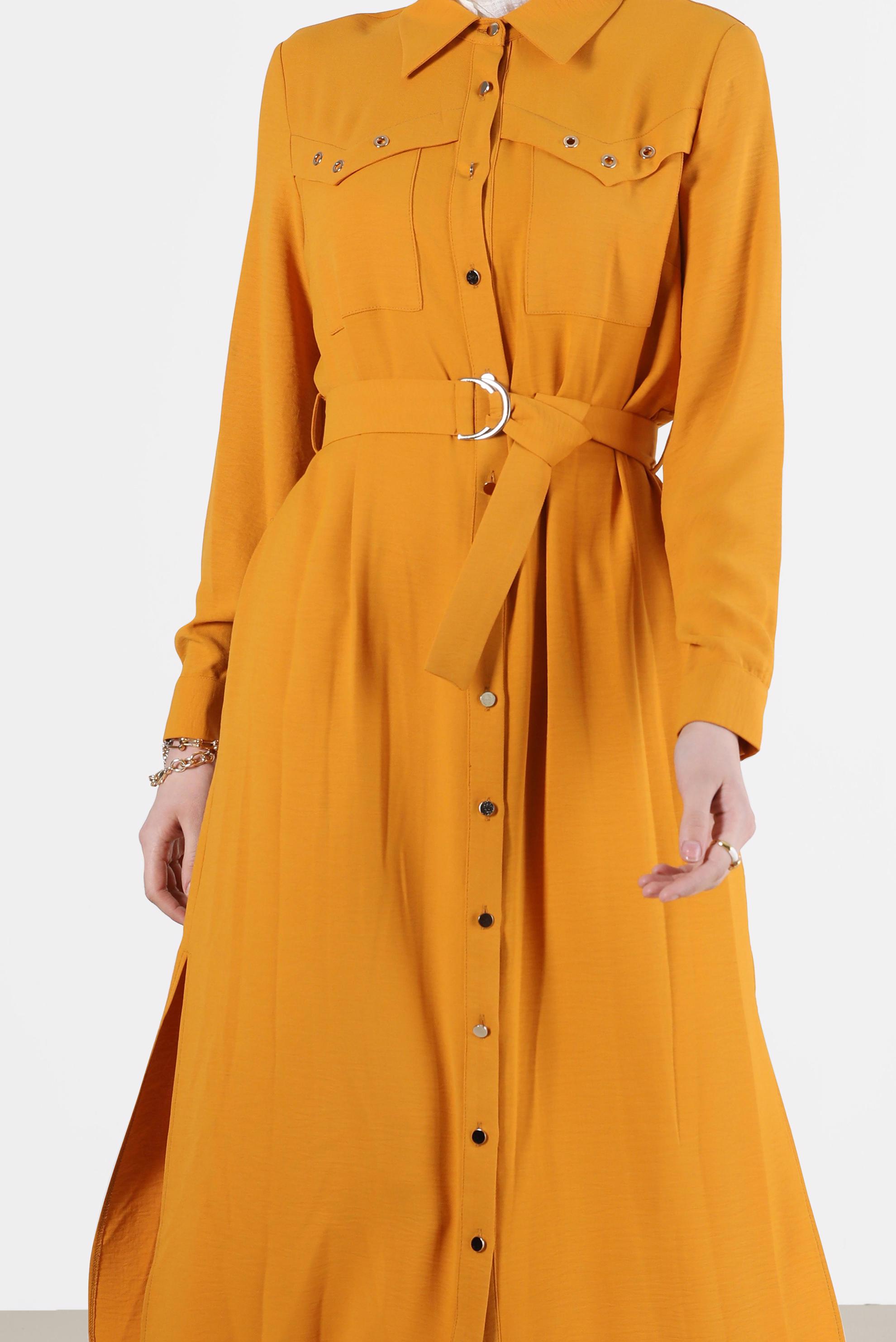 Tesettür giyim SARI BOYDAN DÜĞMELİ KUŞAKLI TUNİK 42536