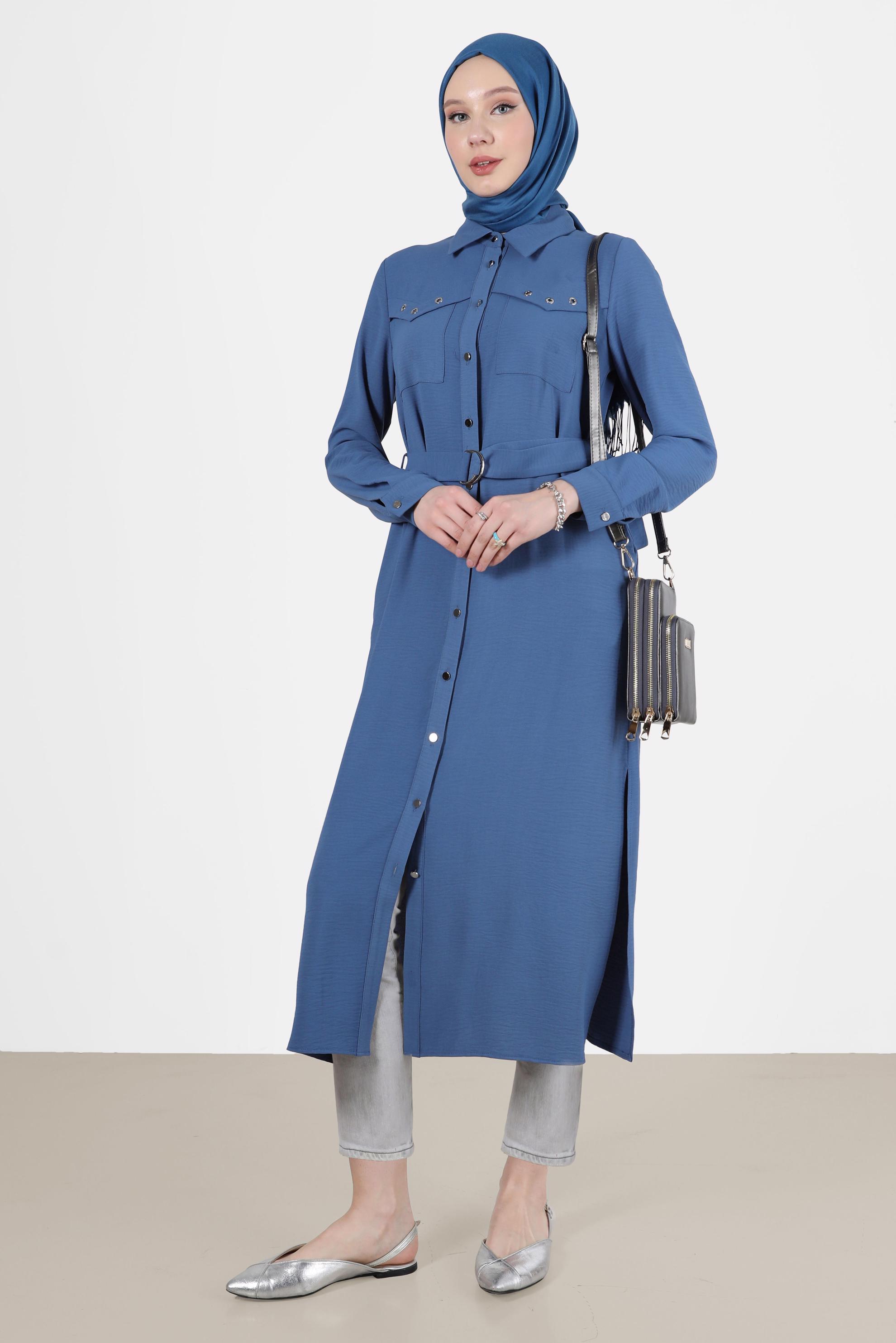 Tesettür giyim LACİVERT BOYDAN DÜĞMELİ KUŞAKLI TUNİK 42536