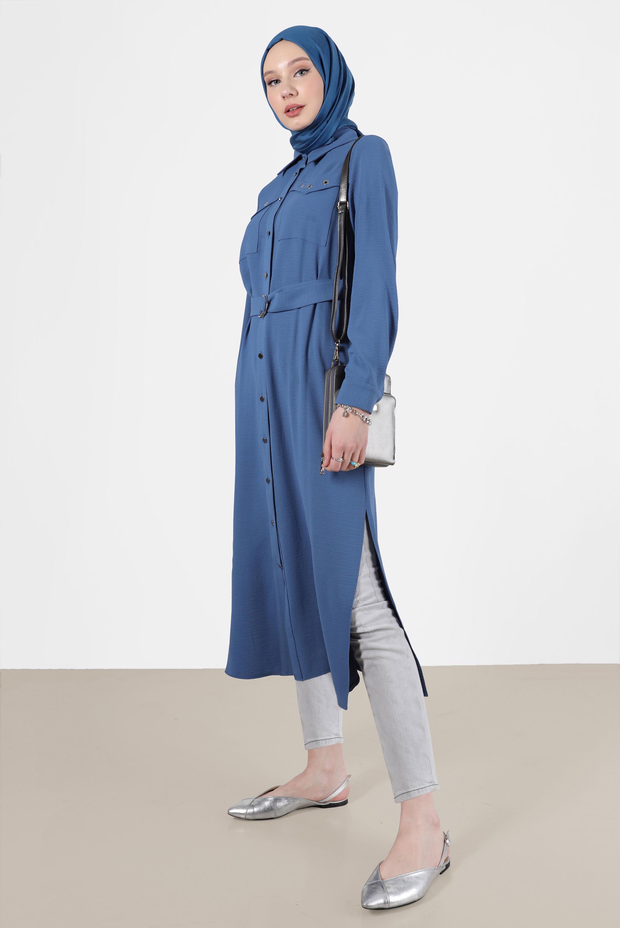 Tesettür giyim LACİVERT BOYDAN DÜĞMELİ KUŞAKLI TUNİK 42536