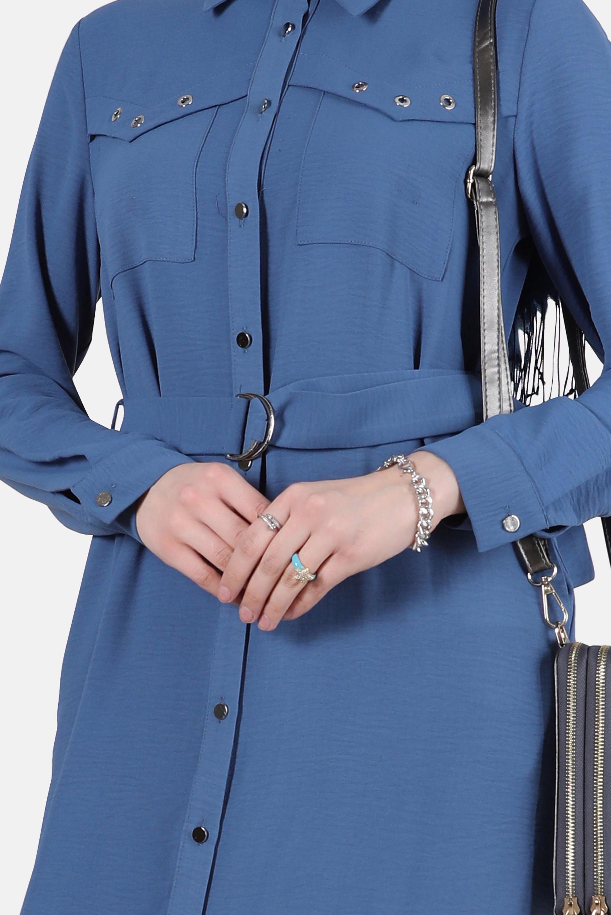 Tesettür giyim LACİVERT BOYDAN DÜĞMELİ KUŞAKLI TUNİK 42536