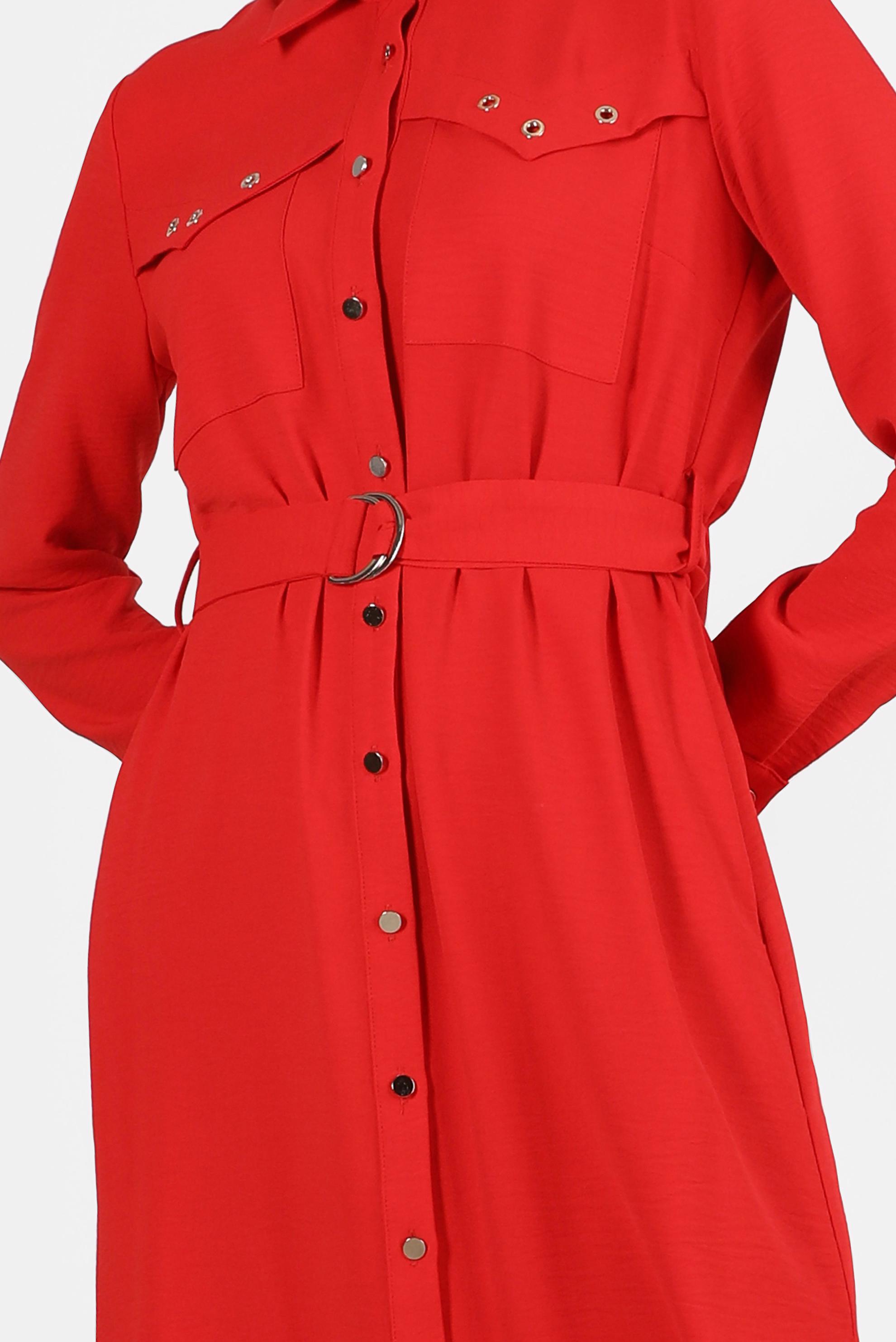 Tesettür giyim KIRMIZI BOYDAN DÜĞMELİ KUŞAKLI TUNİK 42536