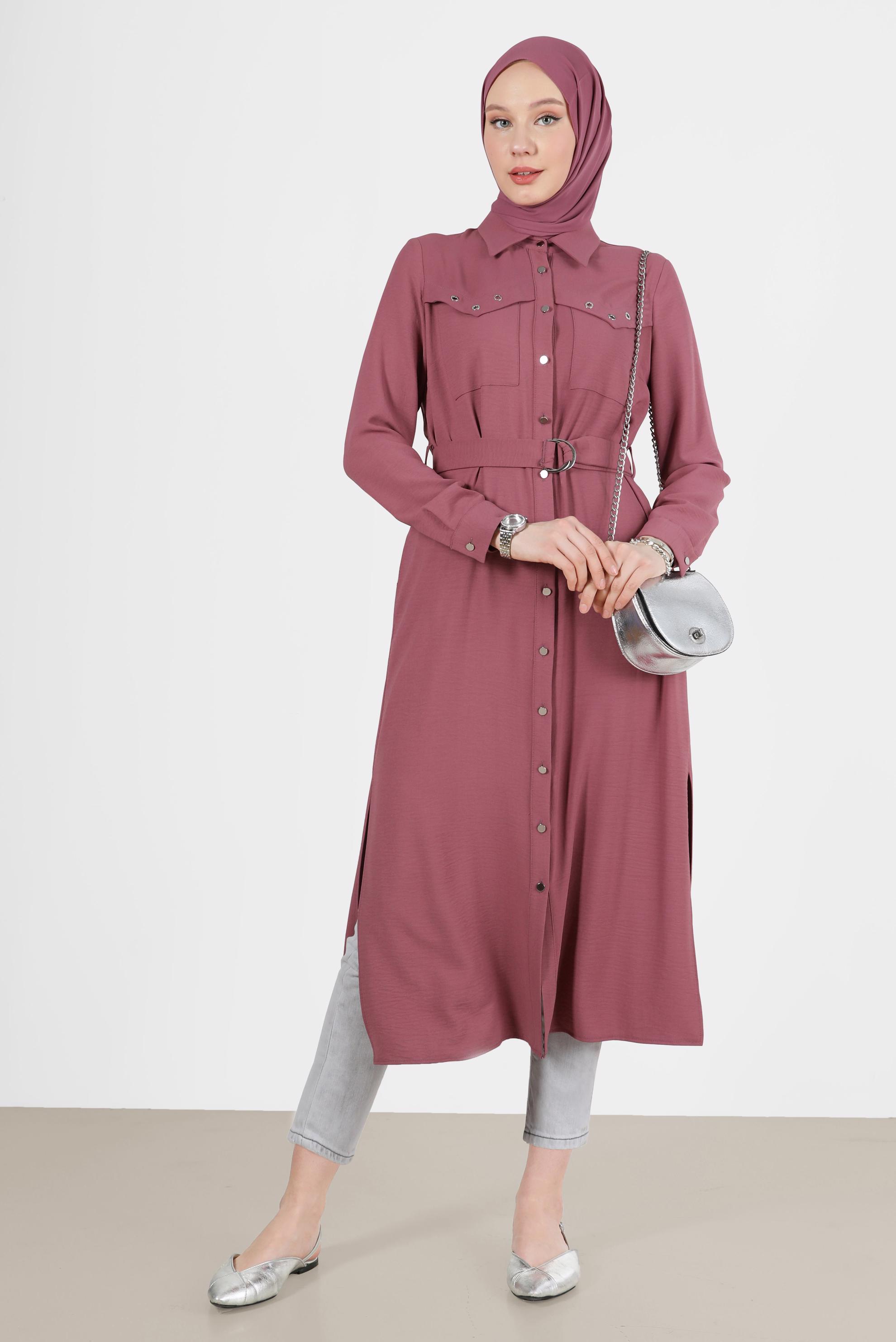Tesettür giyim PEMBE BOYDAN DÜĞMELİ KUŞAKLI TUNİK 42536