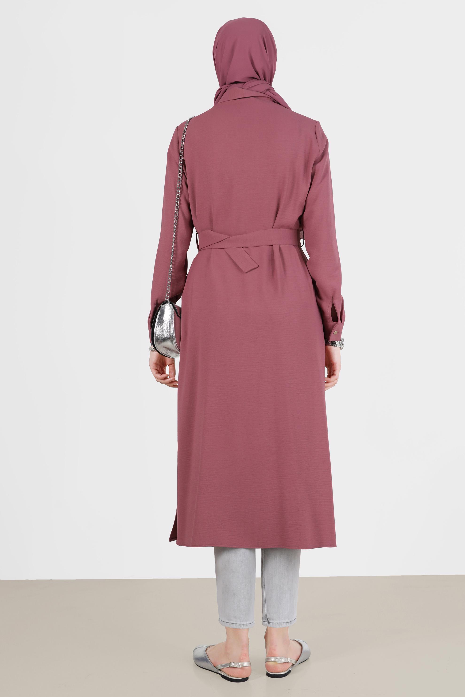 Tesettür giyim PEMBE BOYDAN DÜĞMELİ KUŞAKLI TUNİK 42536