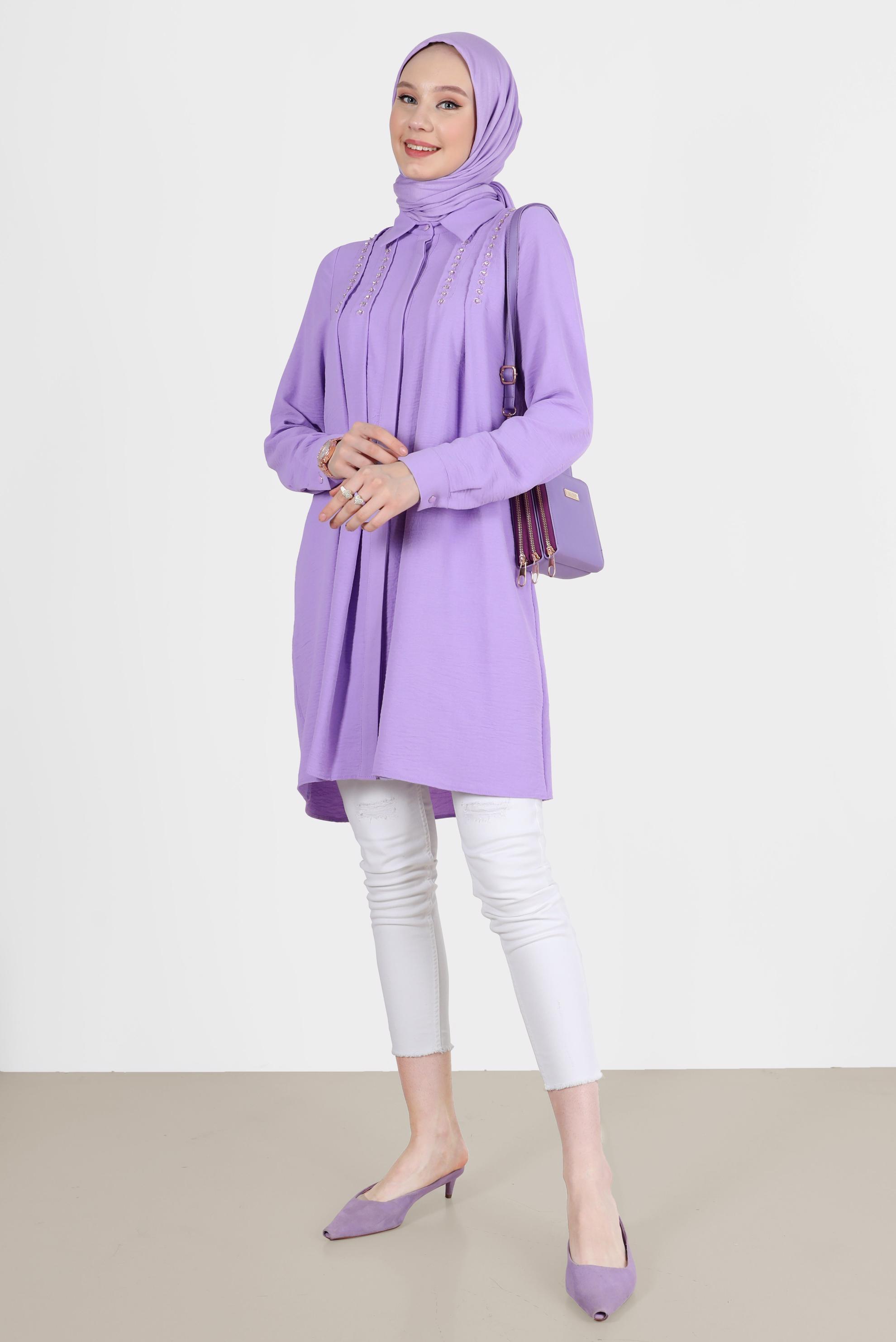 Tesettür giyim MOR PİLE DETAYLI TAŞLI TUNİK 42538 