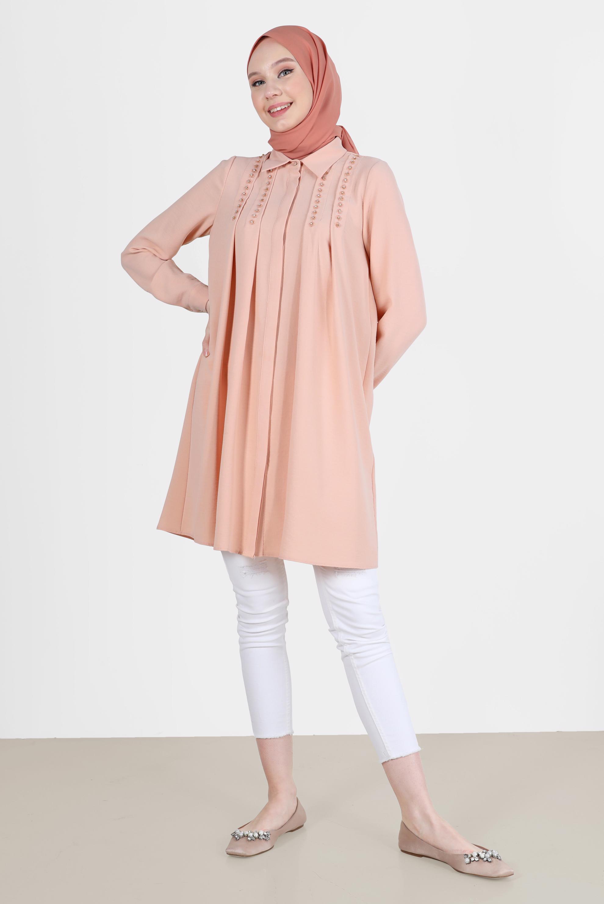 Tesettür giyim PUDRA PİLE DETAYLI TAŞLI TUNİK 42538 