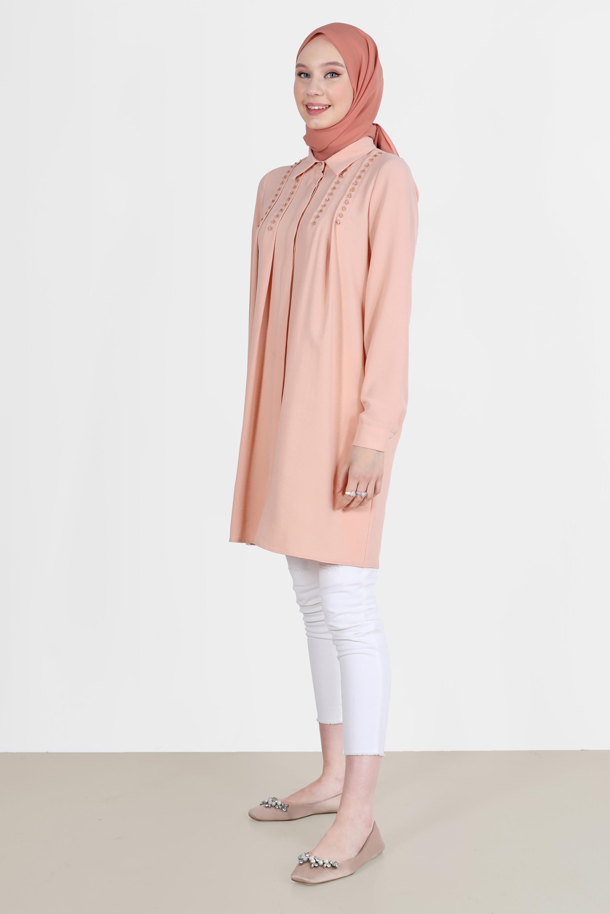 Tesettür giyim PUDRA PİLE DETAYLI TAŞLI TUNİK 42538 