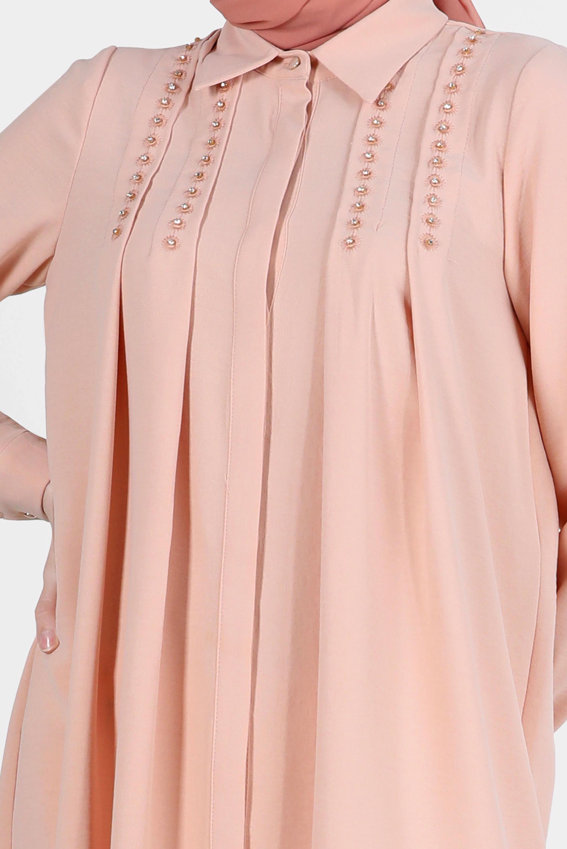 Tesettür giyim PUDRA PİLE DETAYLI TAŞLI TUNİK 42538 