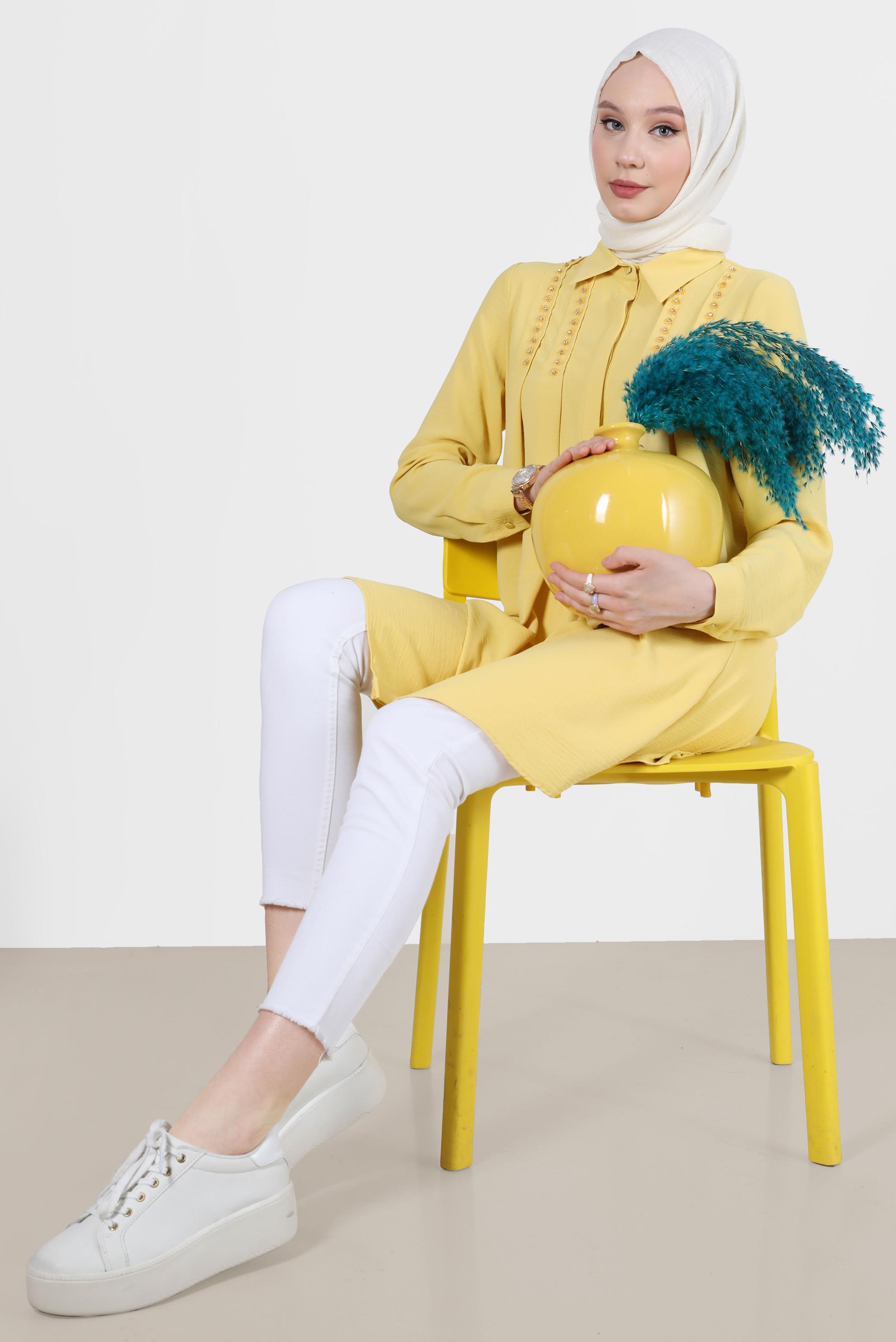 Tesettür giyim SARI PİLE DETAYLI TAŞLI TUNİK 42538 