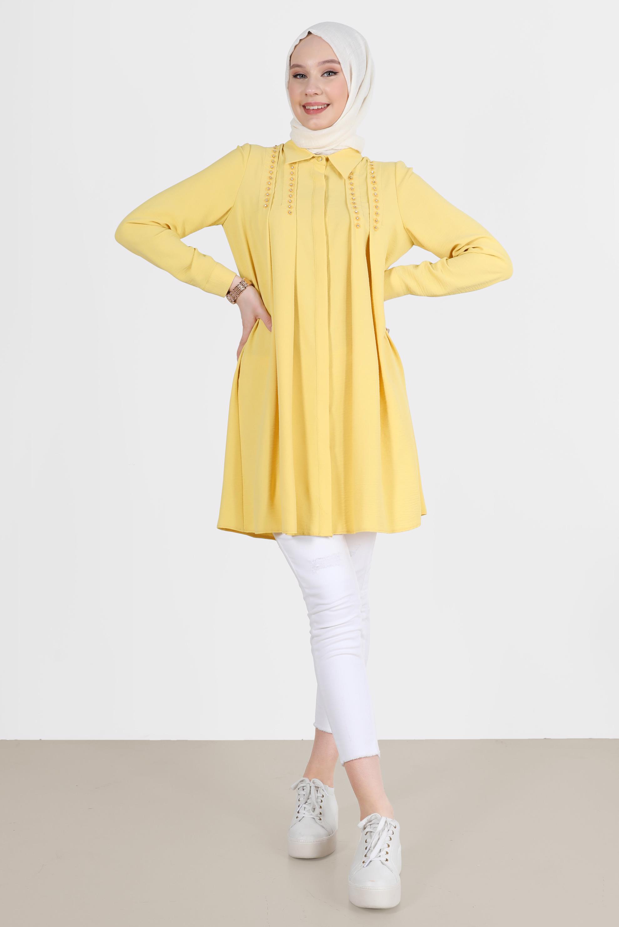 Tesettür giyim SARI PİLE DETAYLI TAŞLI TUNİK 42538 