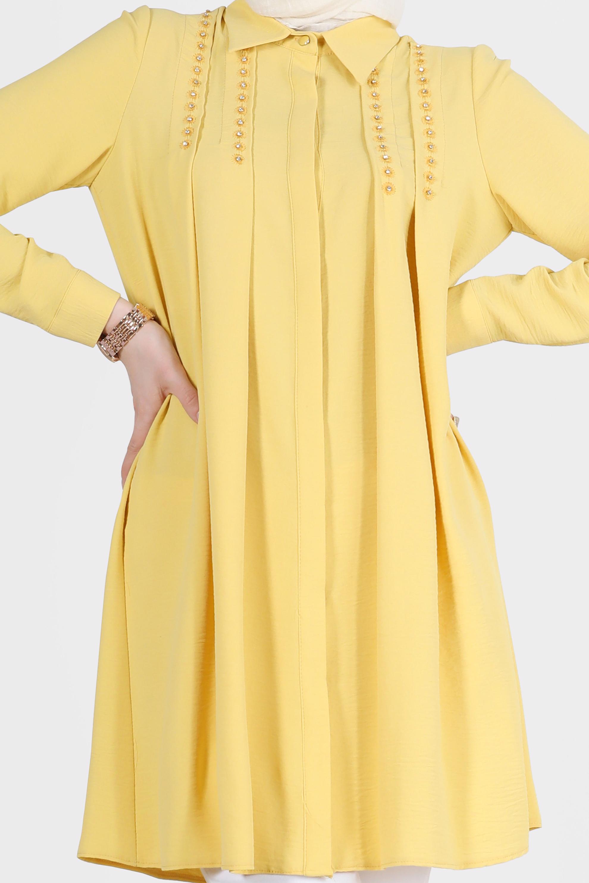 Tesettür giyim SARI PİLE DETAYLI TAŞLI TUNİK 42538 