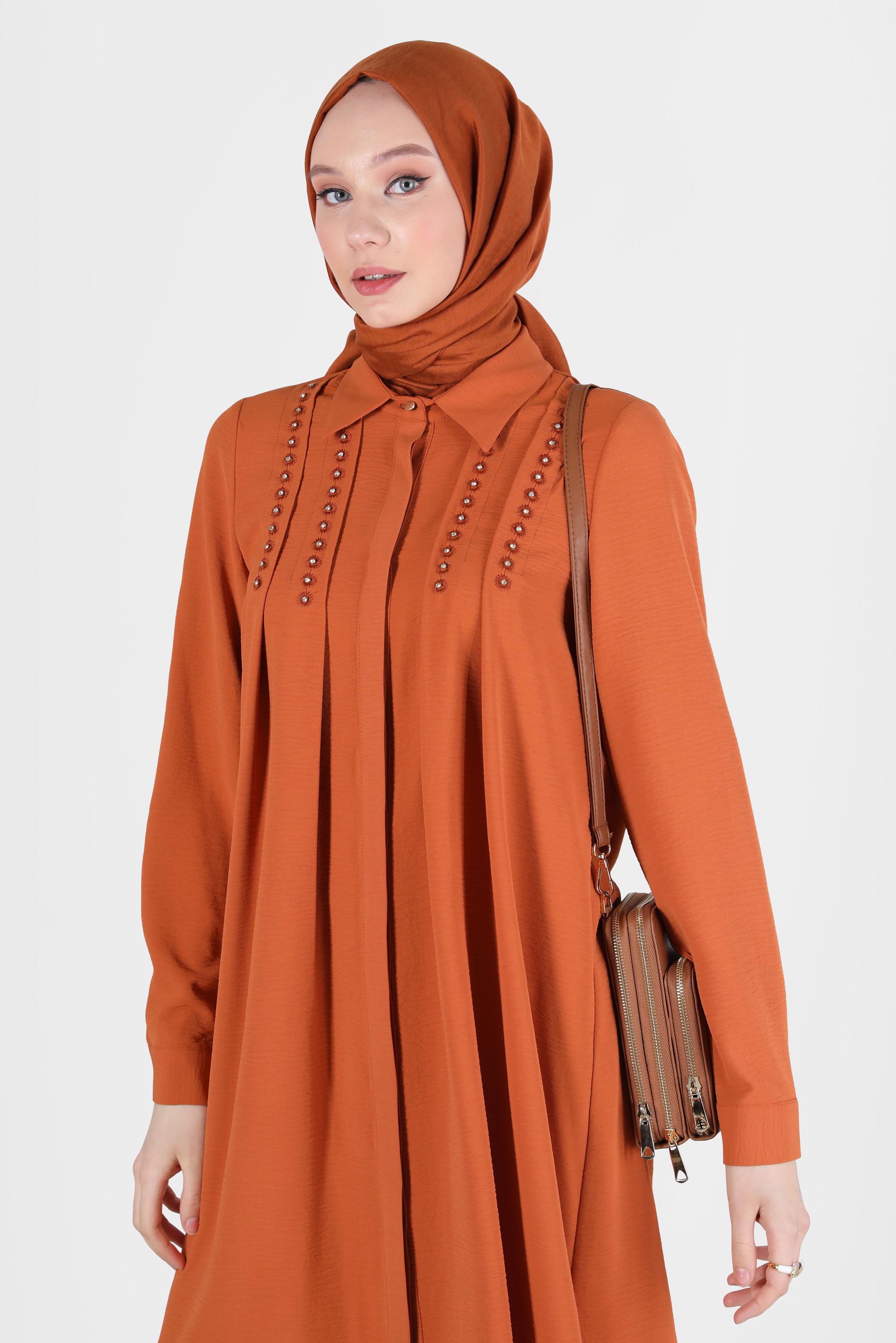 Tesettür giyim TURUNCU PİLE DETAYLI TAŞLI TUNİK 42538 