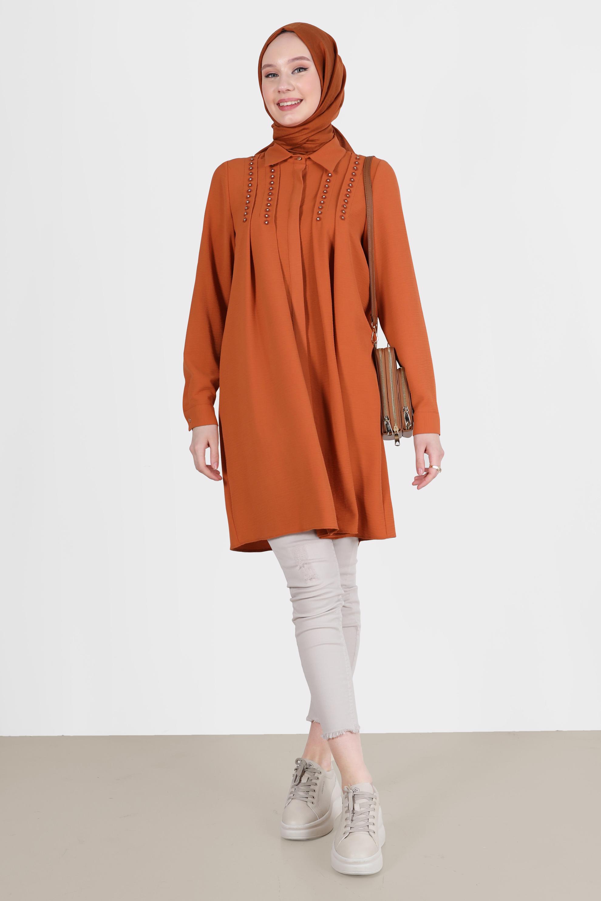 Tesettür giyim TURUNCU PİLE DETAYLI TAŞLI TUNİK 42538 