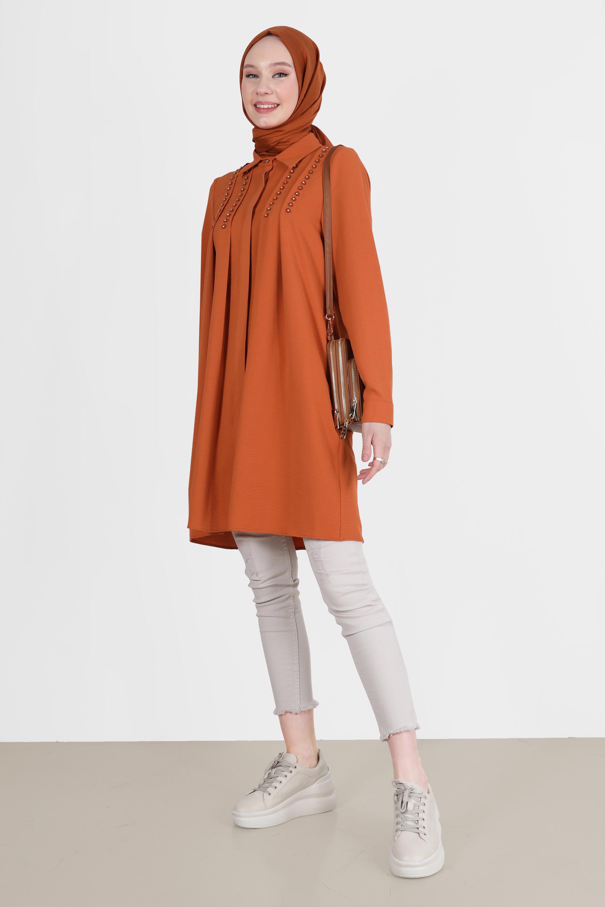 Tesettür giyim TURUNCU PİLE DETAYLI TAŞLI TUNİK 42538 