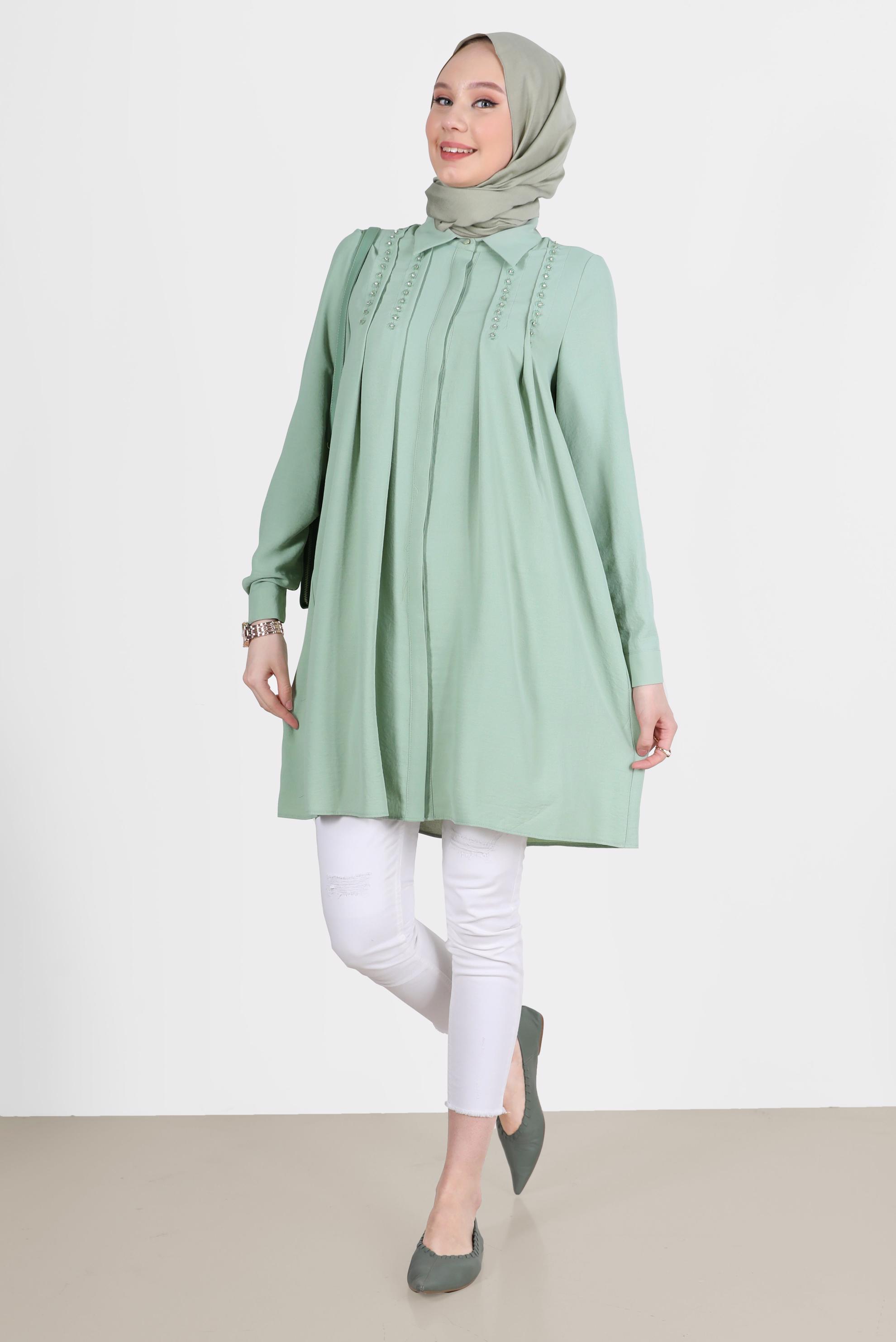 Tesettür giyim YEŞİL PİLE DETAYLI TAŞLI TUNİK 42538 