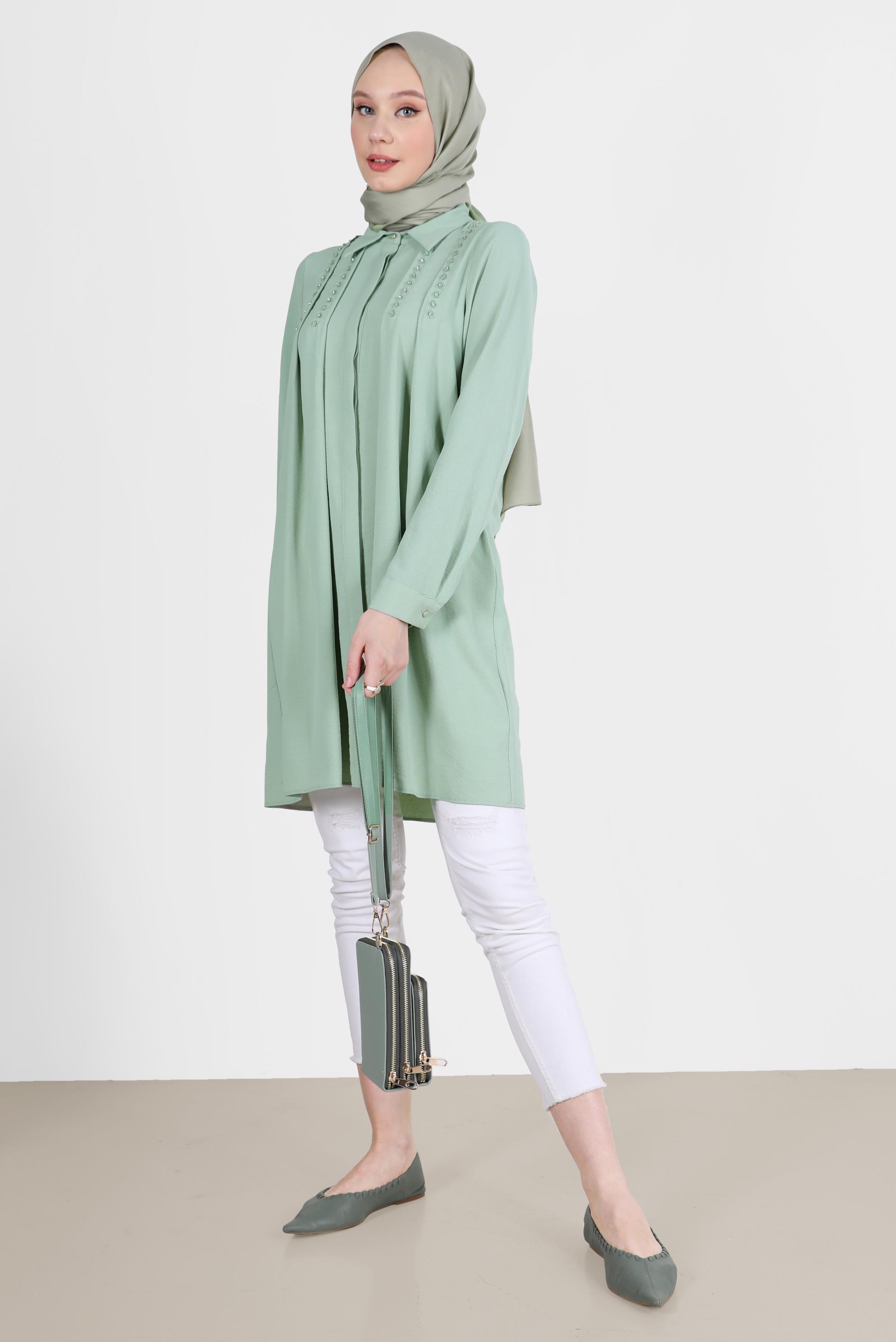 Tesettür giyim YEŞİL PİLE DETAYLI TAŞLI TUNİK 42538 