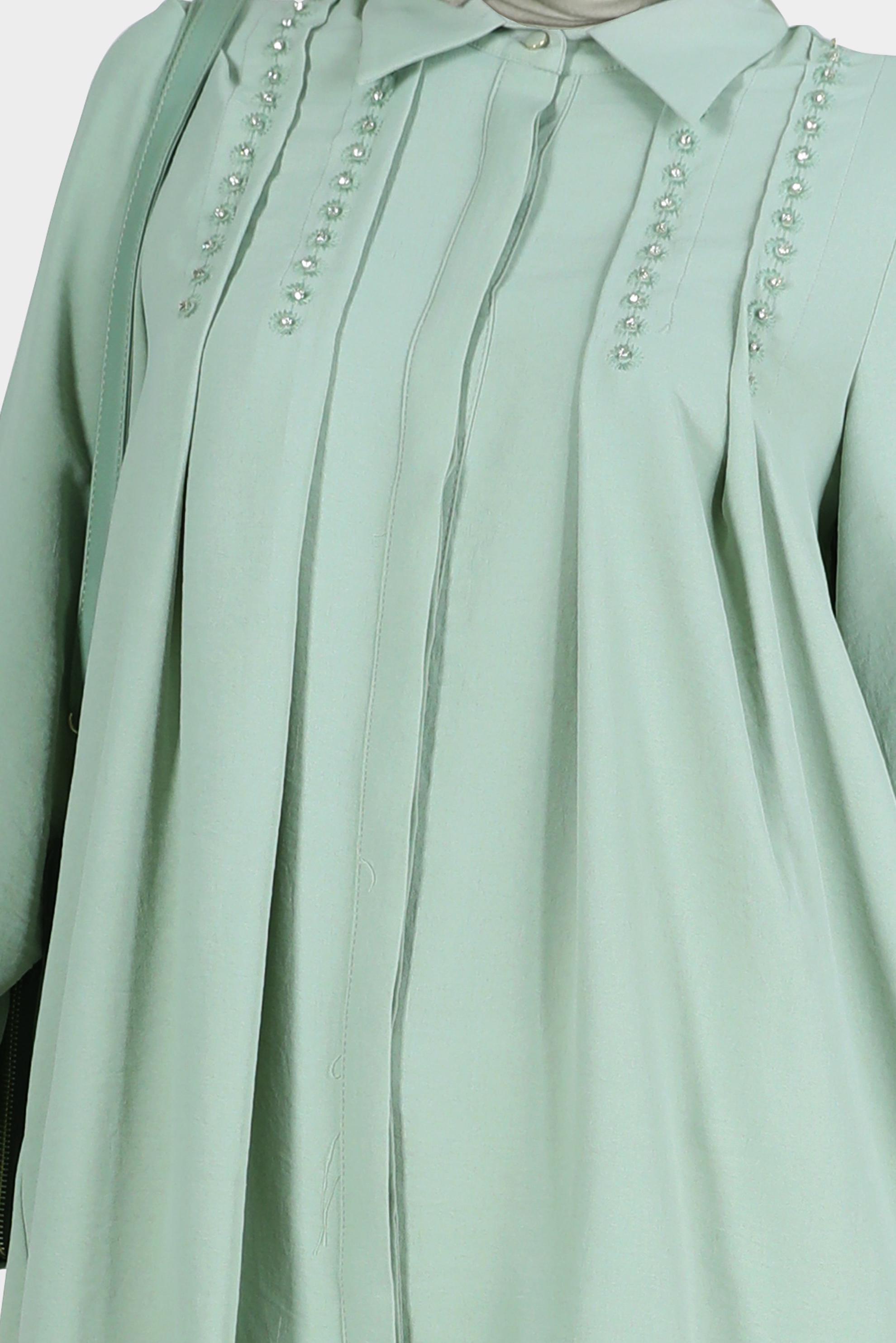 Tesettür giyim YEŞİL PİLE DETAYLI TAŞLI TUNİK 42538 