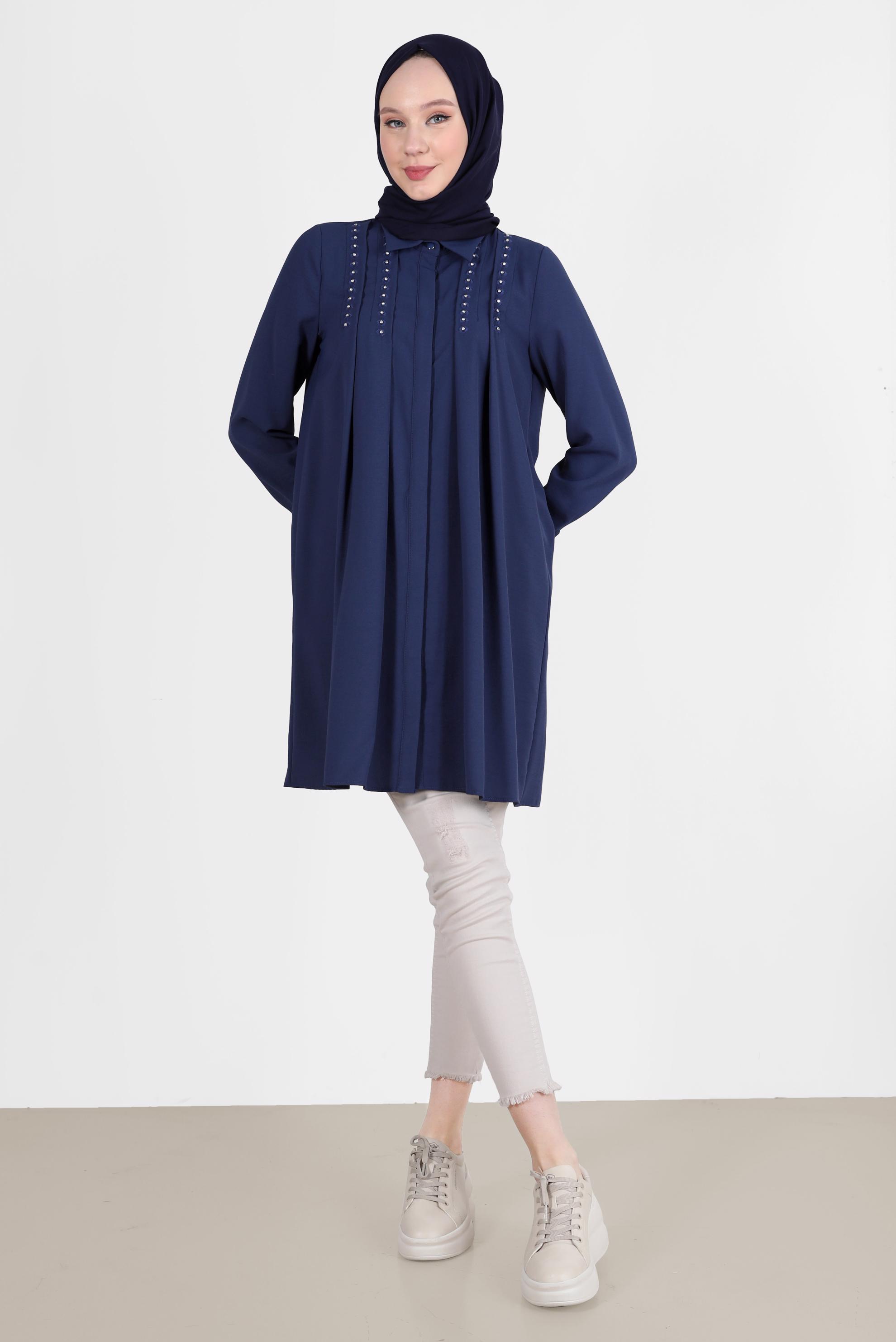 Tesettür giyim LACİVERT PİLE DETAYLI TAŞLI TUNİK 42538 