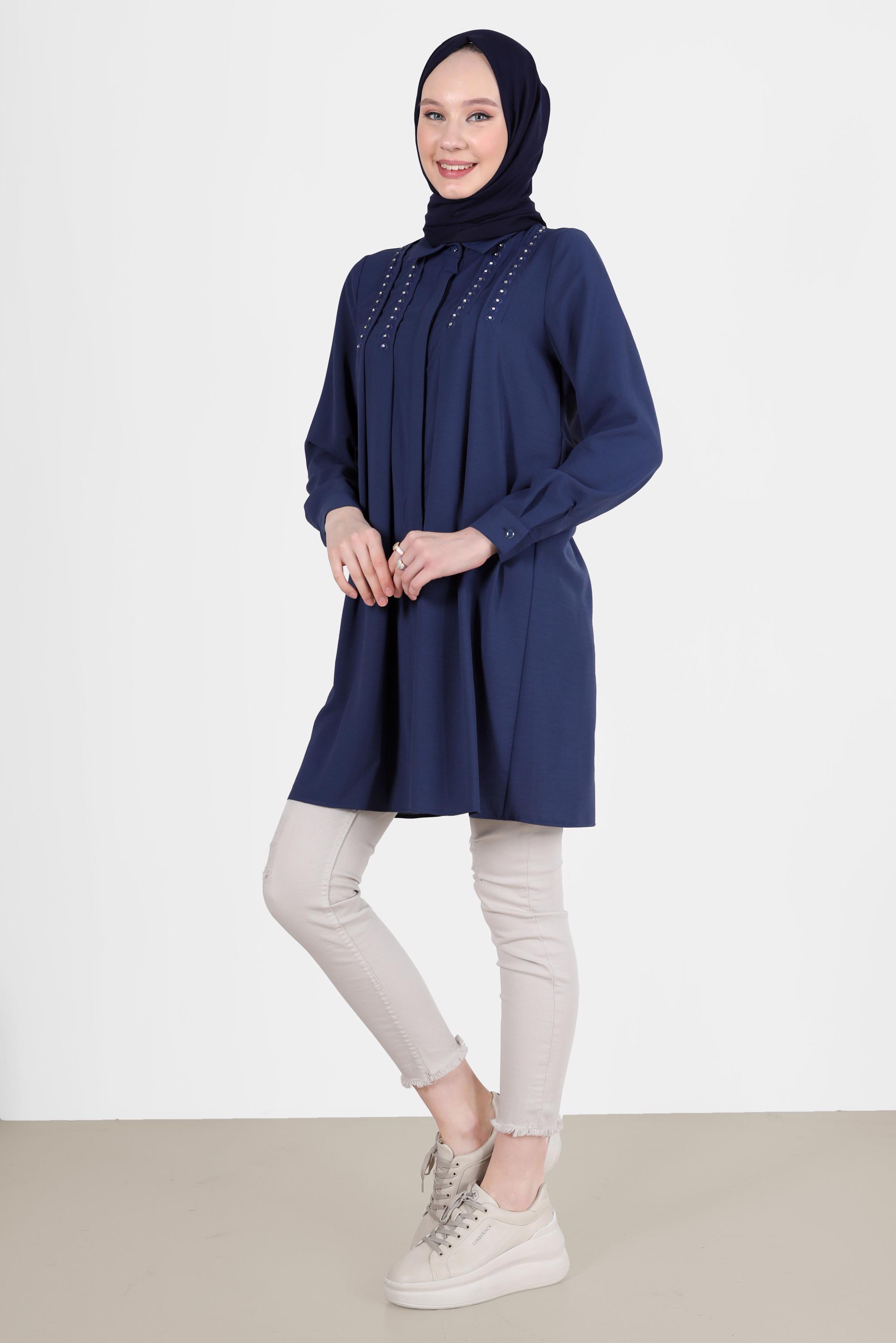 Tesettür giyim LACİVERT PİLE DETAYLI TAŞLI TUNİK 42538 