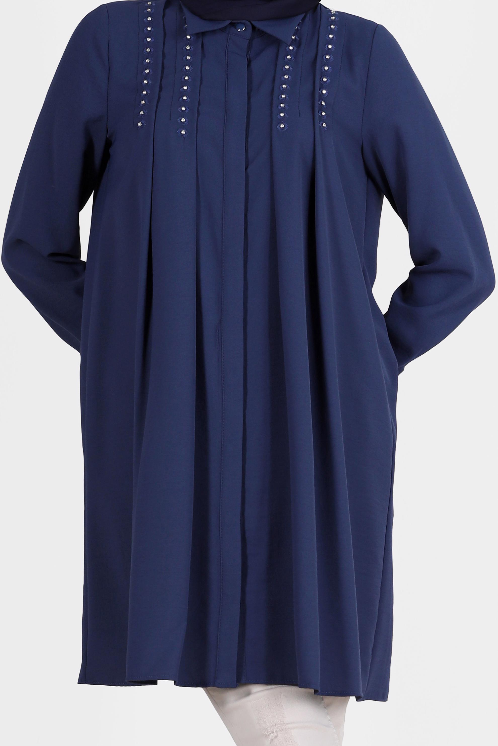 Tesettür giyim LACİVERT PİLE DETAYLI TAŞLI TUNİK 42538 