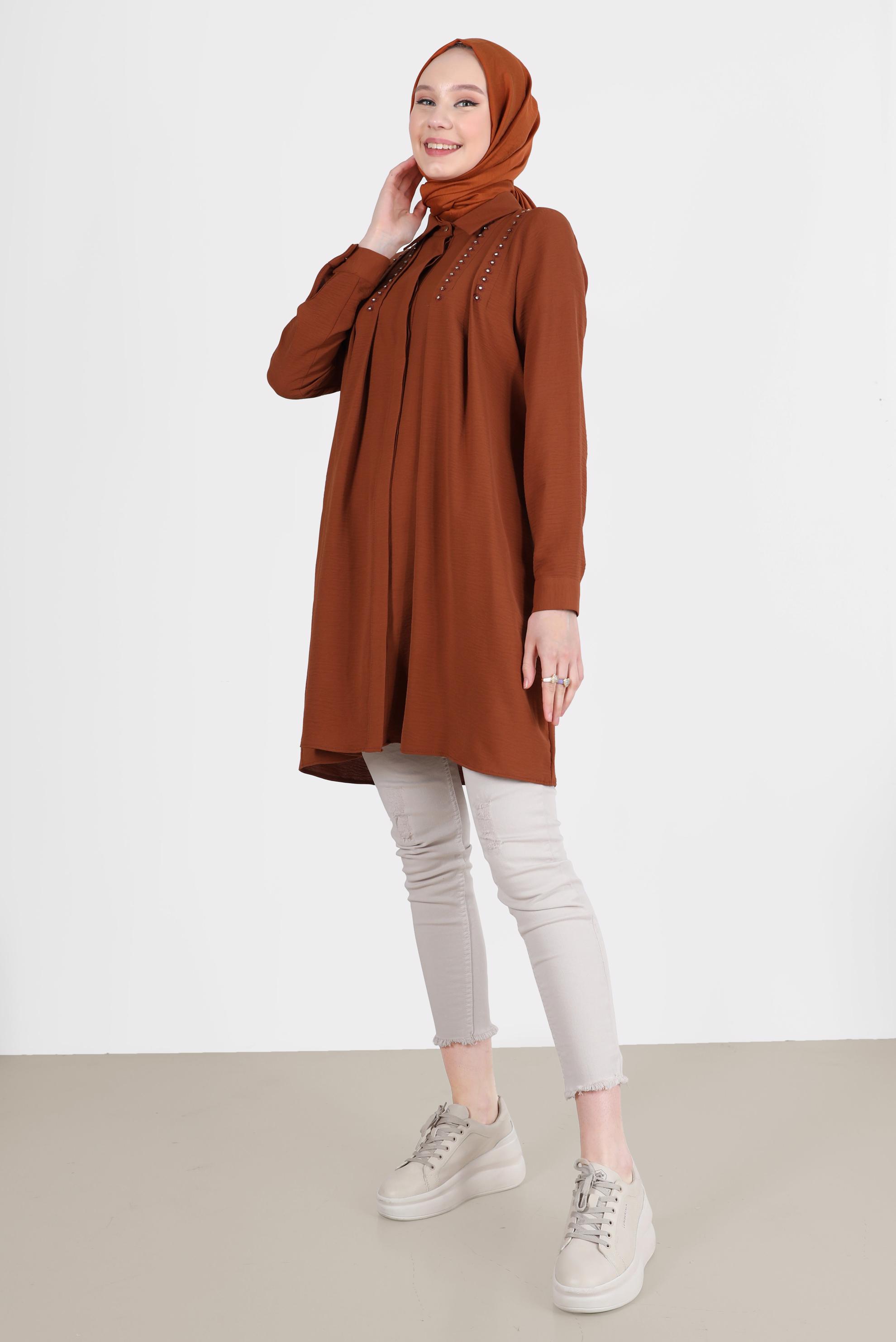 Tesettür giyim TABA PİLE DETAYLI TAŞLI TUNİK 42538 