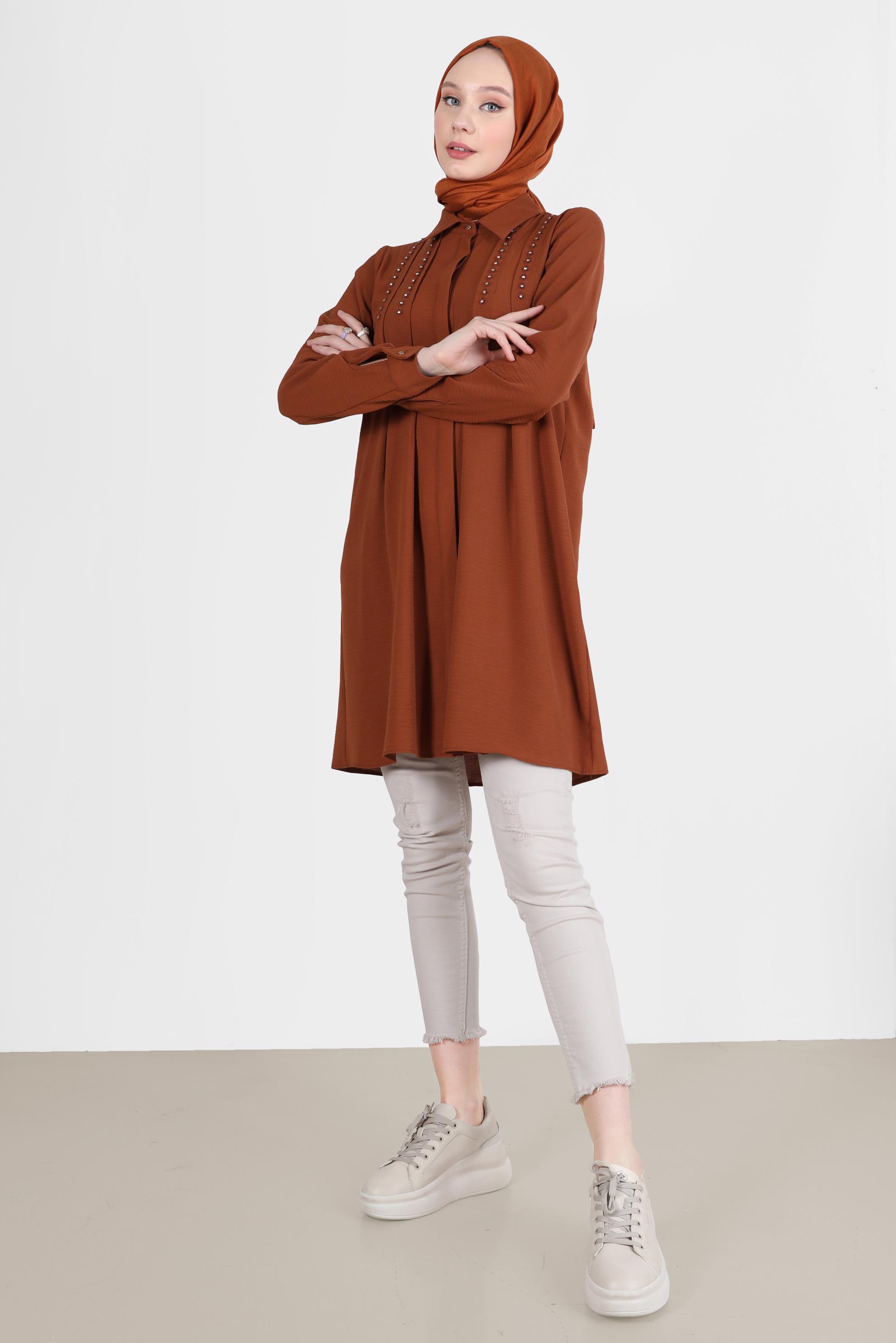 Tesettür giyim TABA PİLE DETAYLI TAŞLI TUNİK 42538 