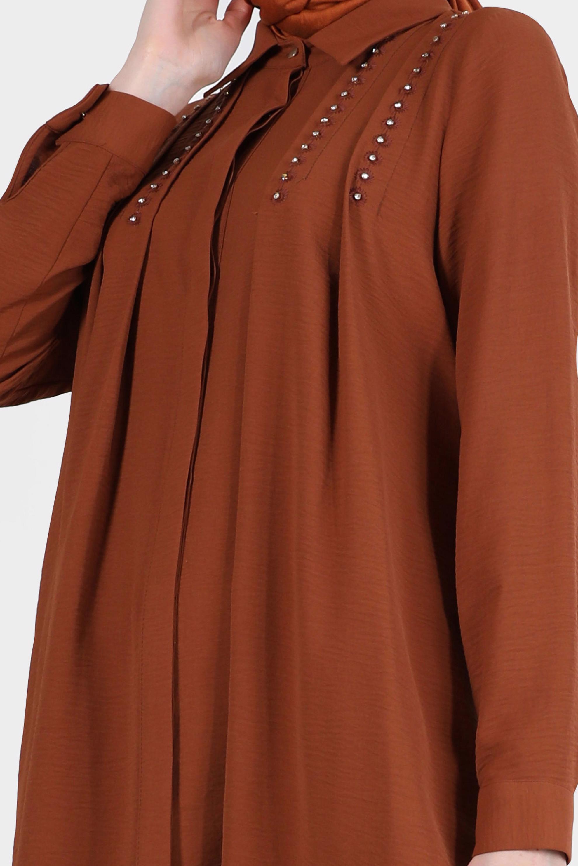 Tesettür giyim TABA PİLE DETAYLI TAŞLI TUNİK 42538 