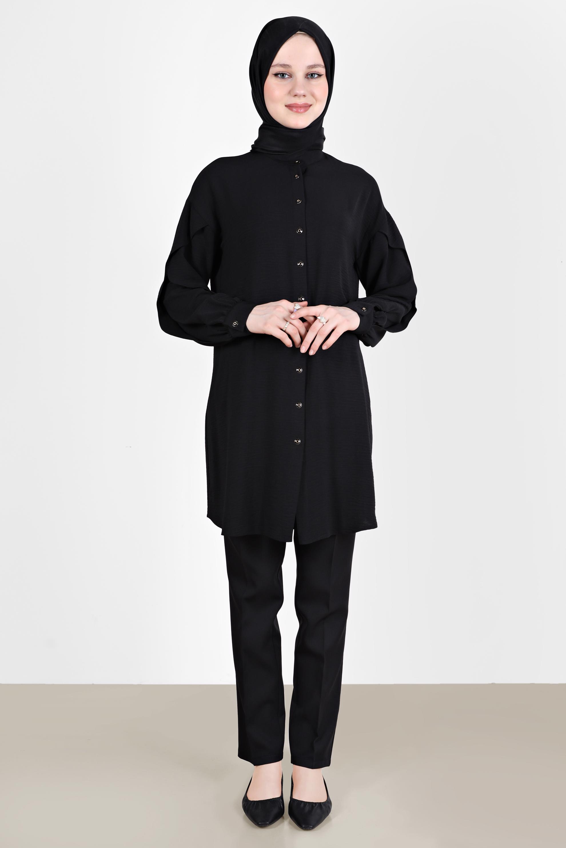 Tesettür giyim SİYAH KOLLARI VOLANLI TUNİK 42540 