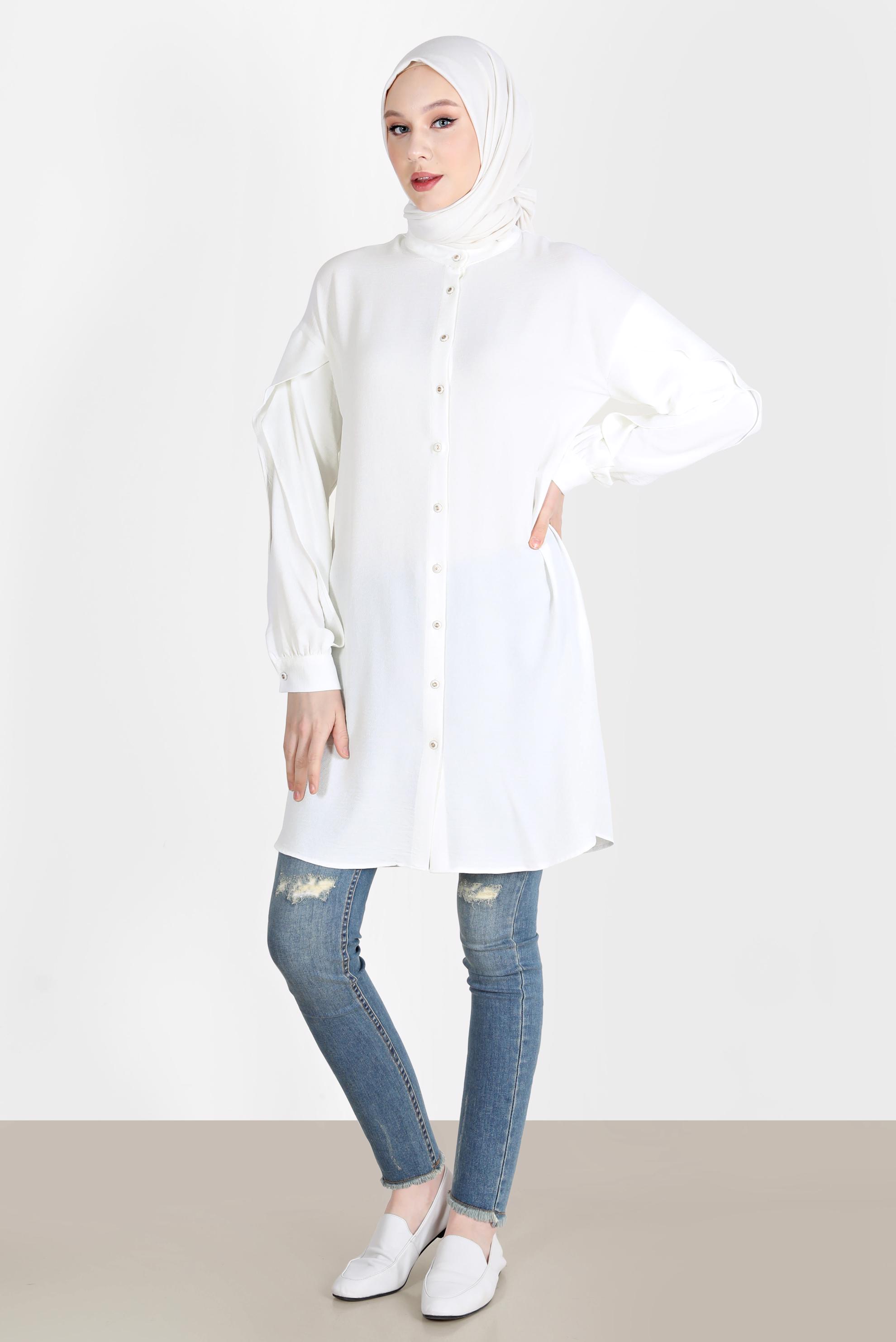 Tesettür giyim BEYAZ KOLLARI VOLANLI TUNİK 42540 