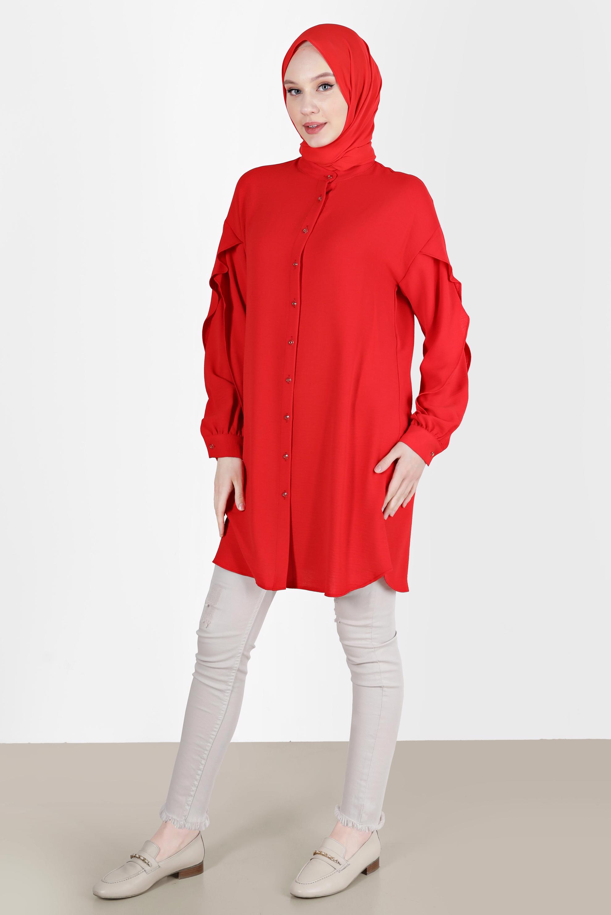 Tesettür giyim KIRMIZI KOLLARI VOLANLI TUNİK 42540 