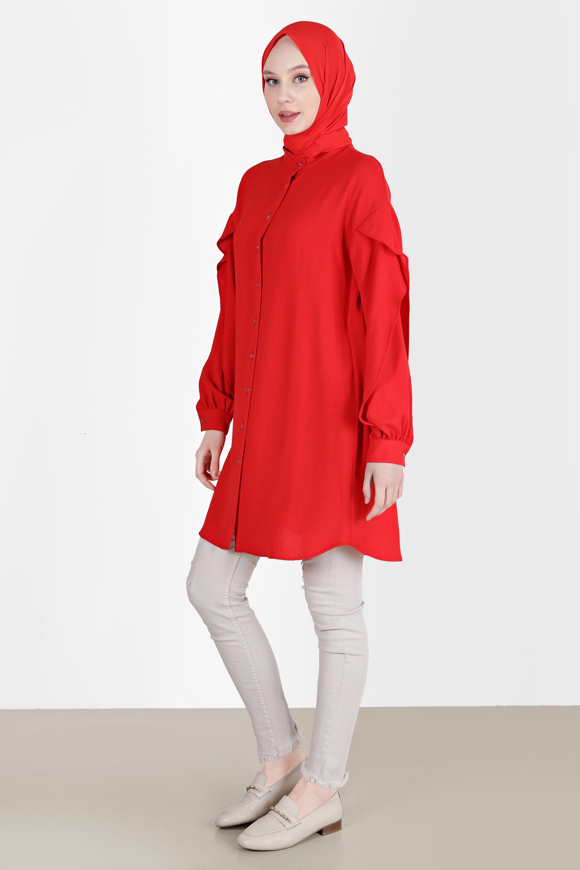 Tesettür giyim KIRMIZI KOLLARI VOLANLI TUNİK 42540 