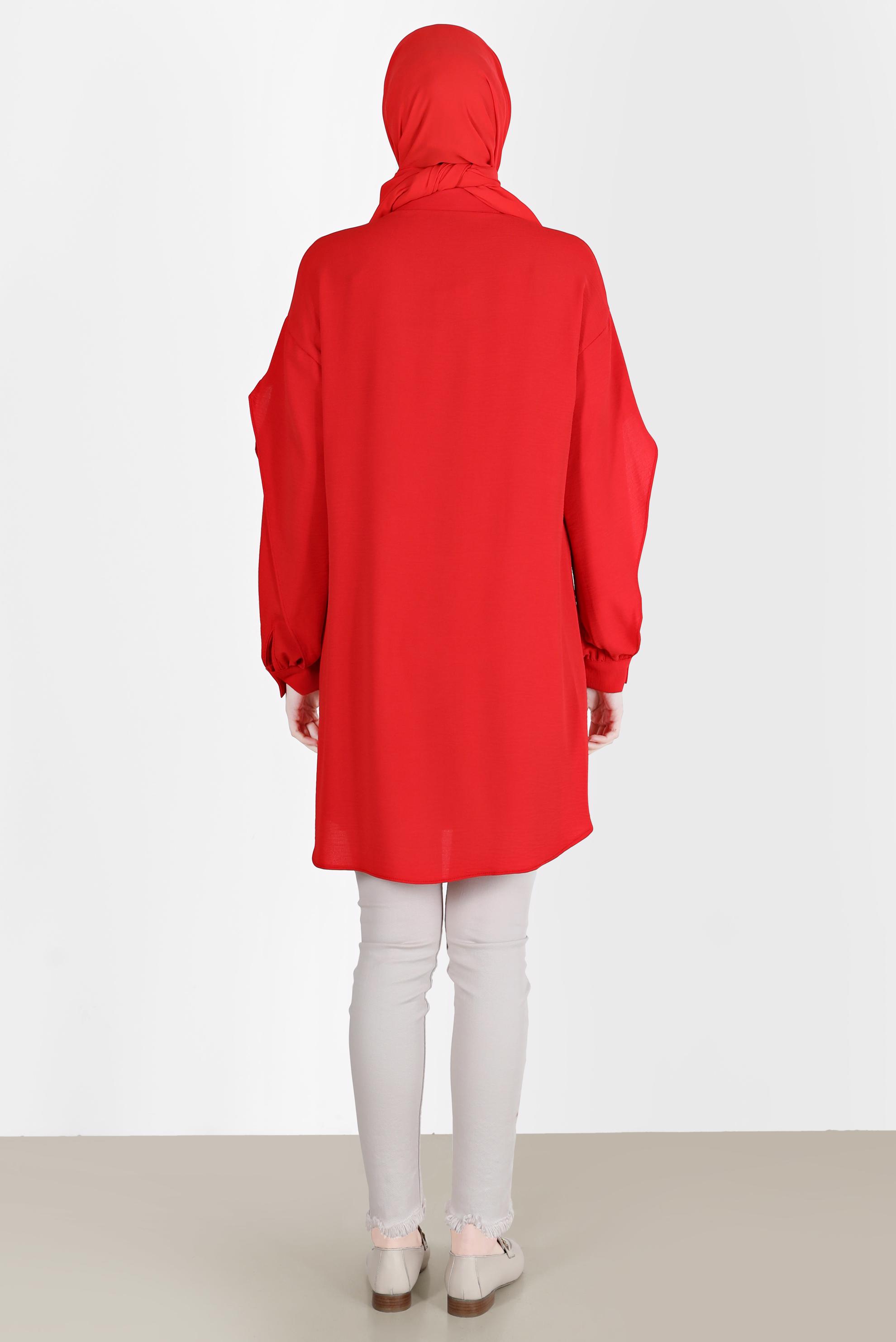 Tesettür giyim KIRMIZI KOLLARI VOLANLI TUNİK 42540 